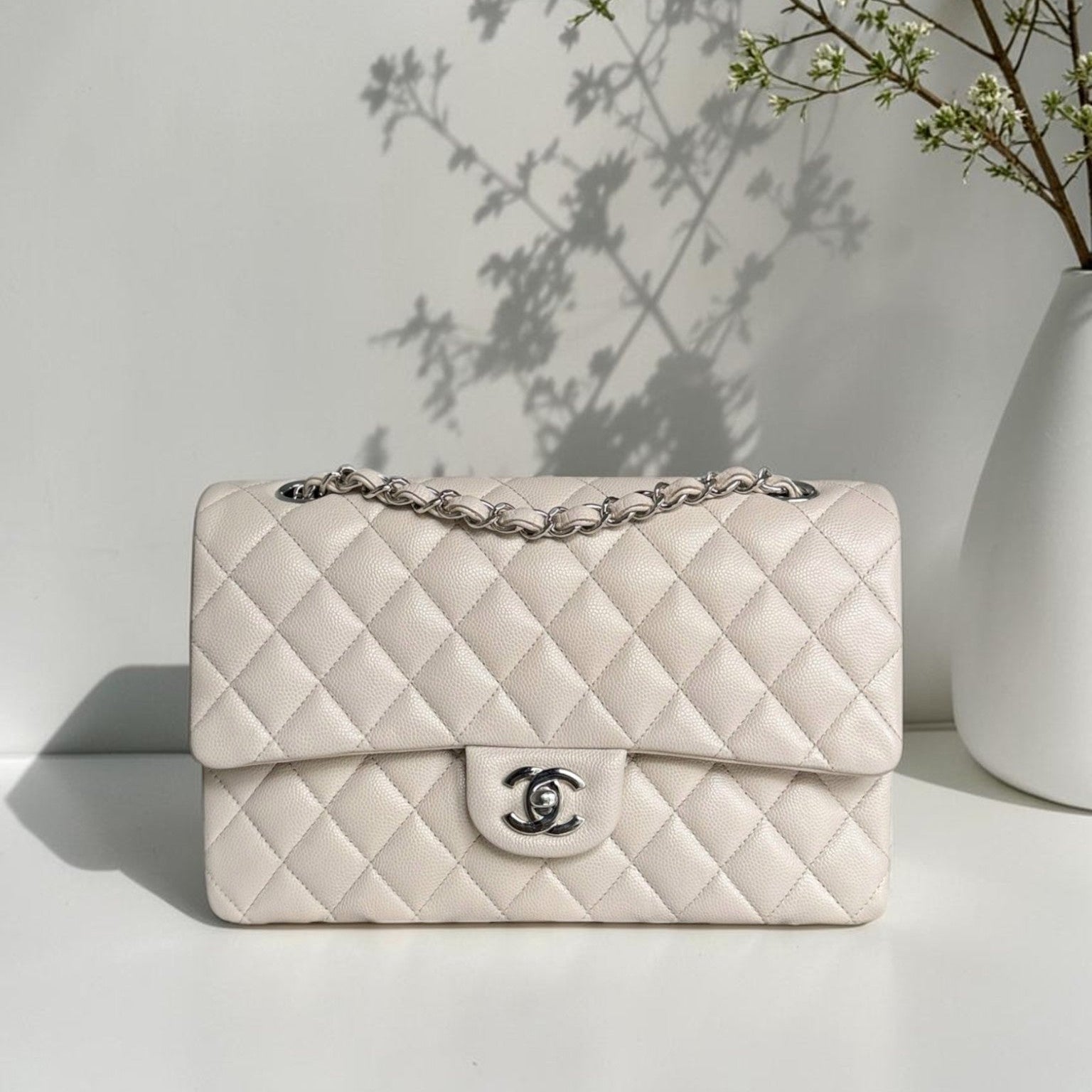Chanel Classic Flap Medium - Caviar 25CM Quilted Double Flap Light Gray Grey Silver Hardware Series 26