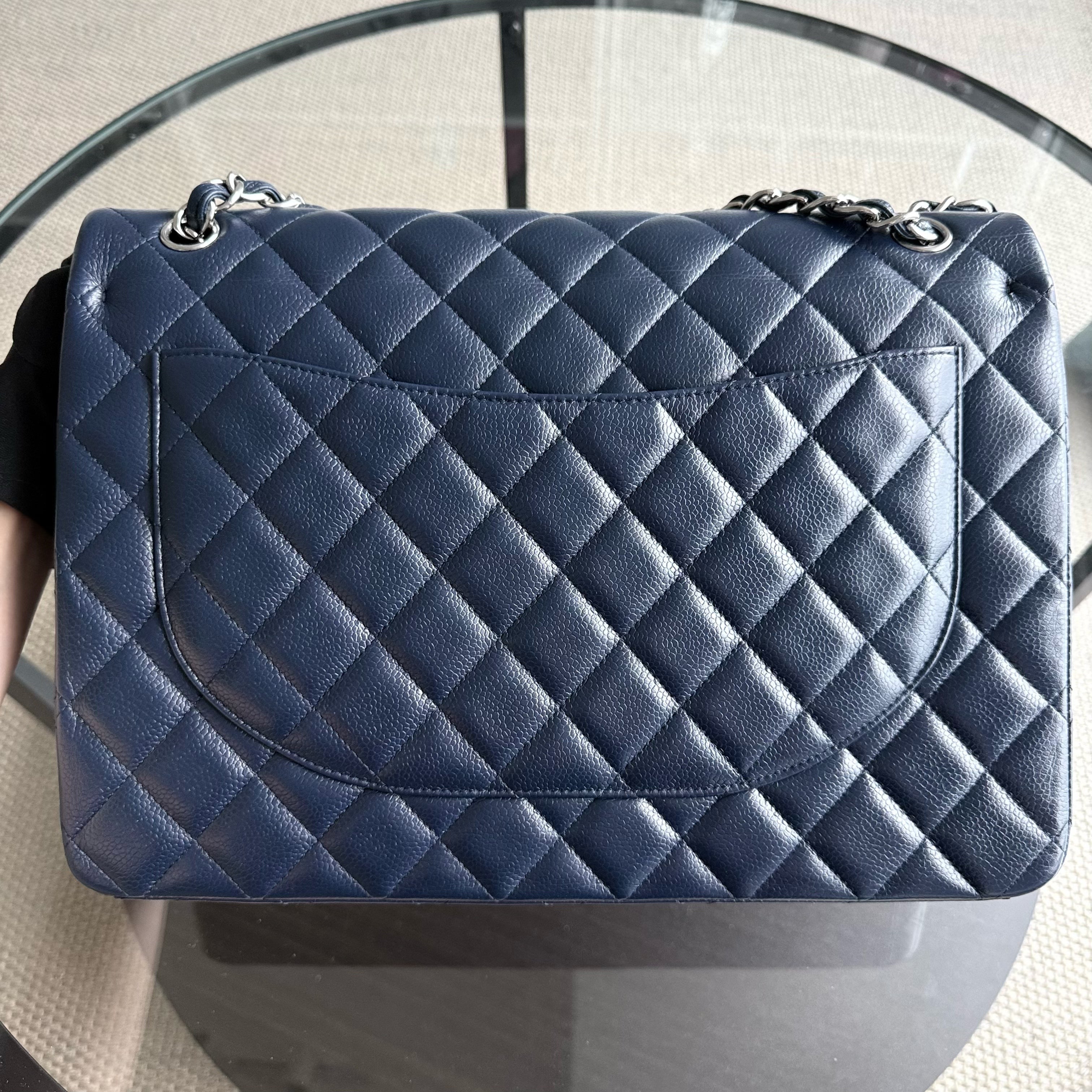 Chanel Classic Flap Maxi - Caviar Double Flap 34CM Quilted Dark Blue Silver Hardware Series 15