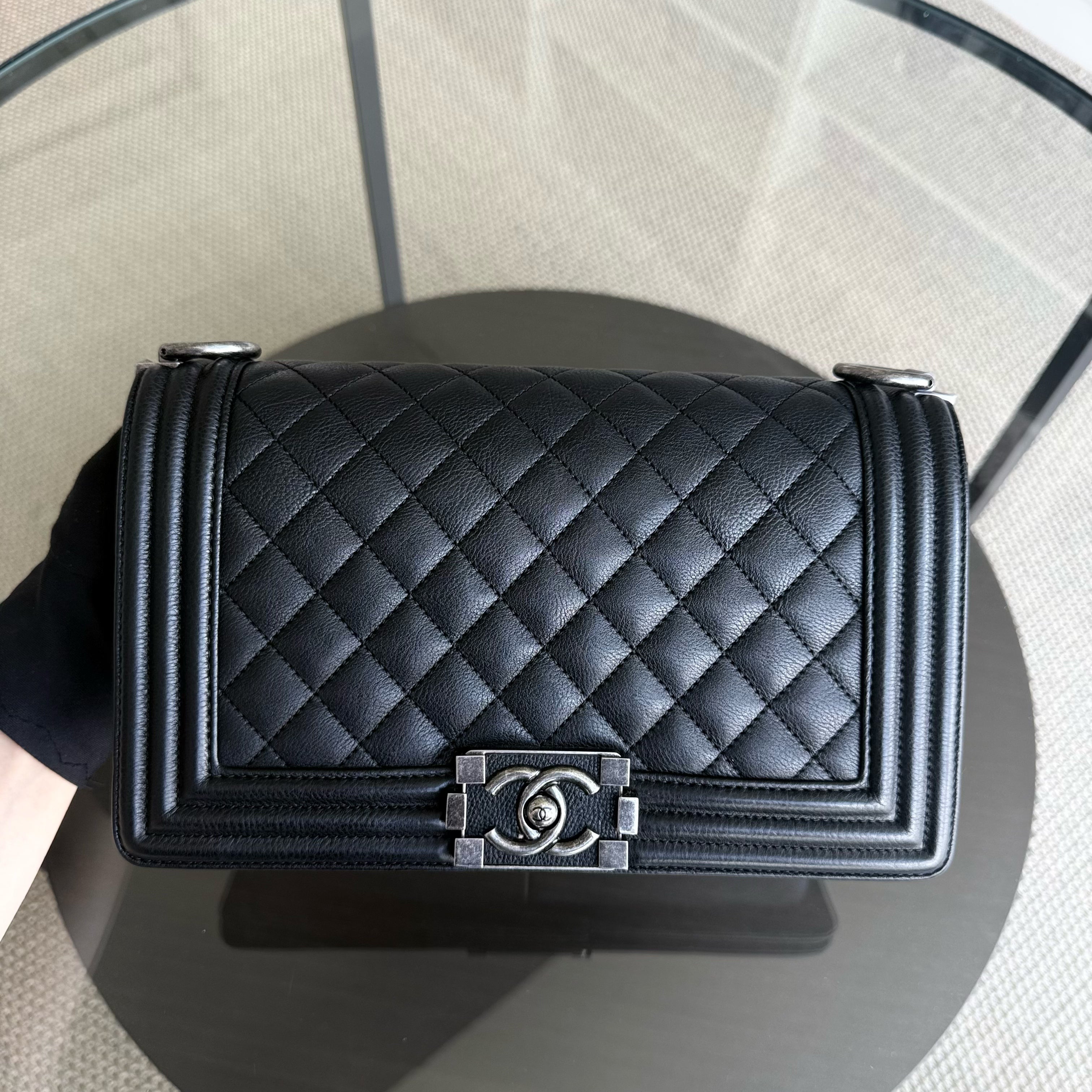 Chanel Boy Medium - Grained Calfskin 25CM Quilted Black Ruthenium Silver Hardware Series 23