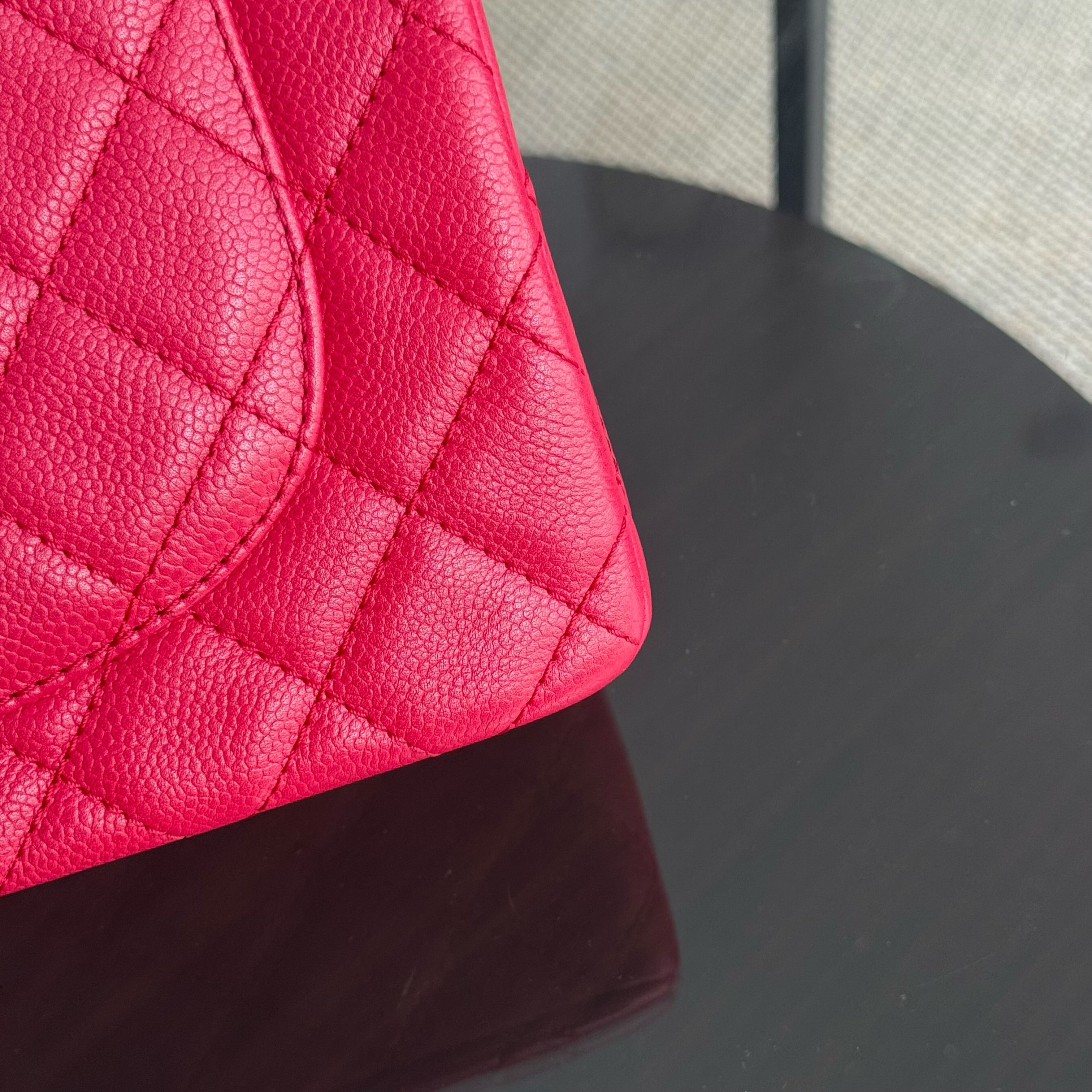 Chanel Classic Flap Jumbo - Caviar 30CM Single Flap Quilted Pink Red Silver Hardware Series 12