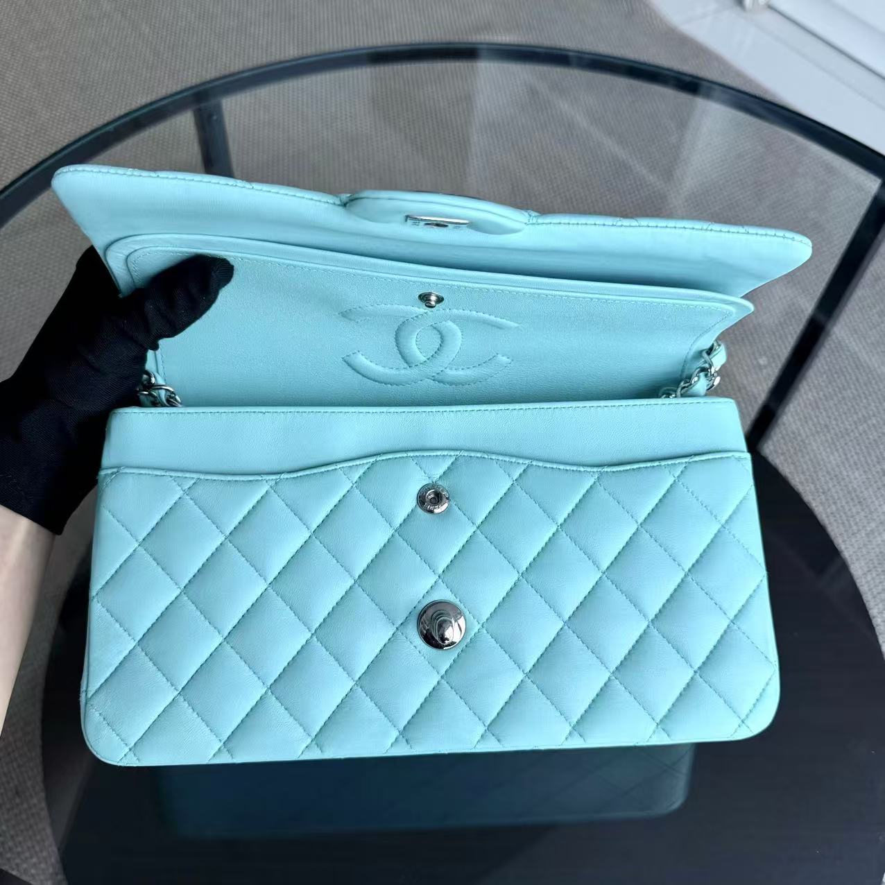 Chanel Classic Flap Medium - 25CM Quilted Lambskin Tiffany Blue Silver Hardware Series 27