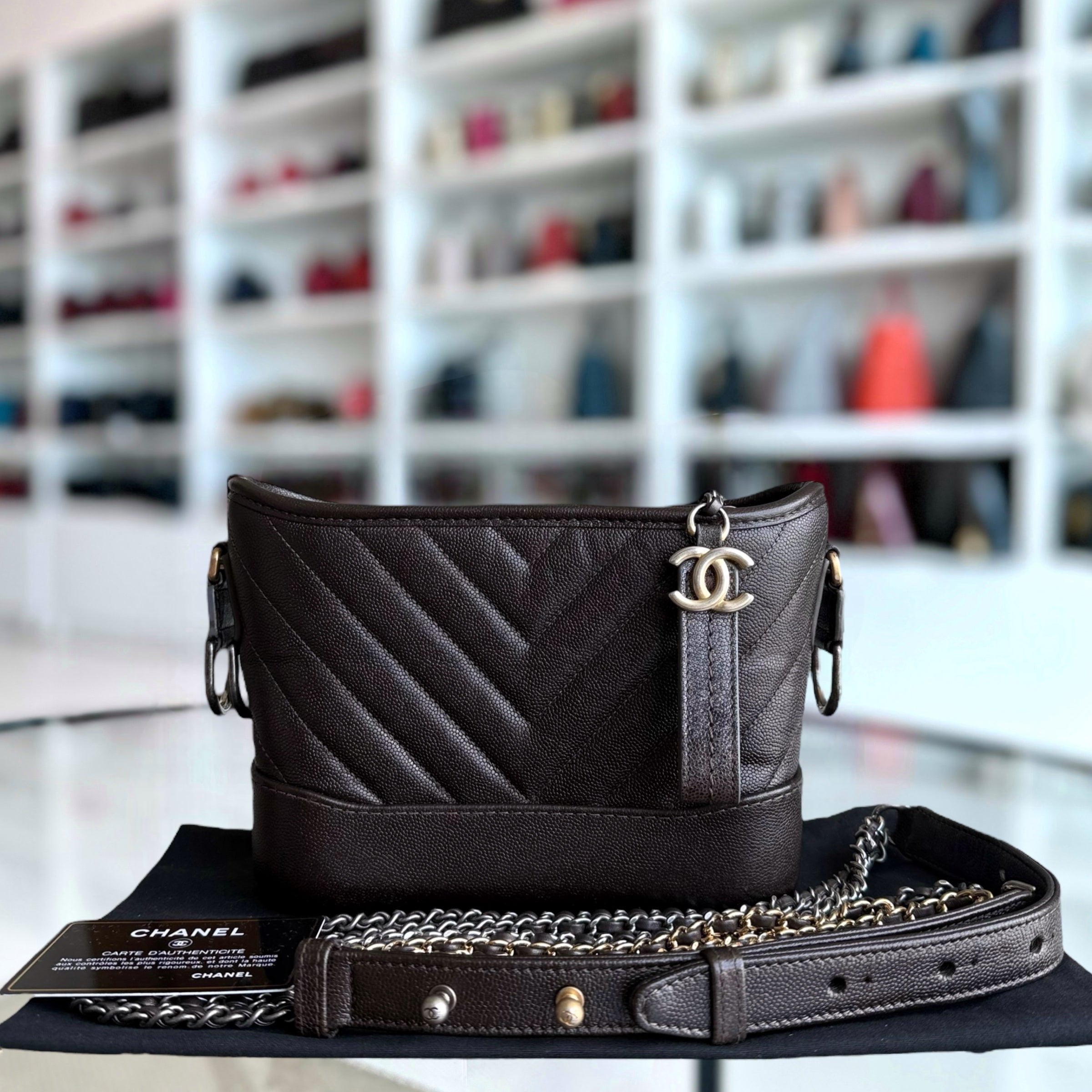 Chanel Gabrielle Small - Caviar Chevron Dark Brown Two-tone Gold Hardware Series 26