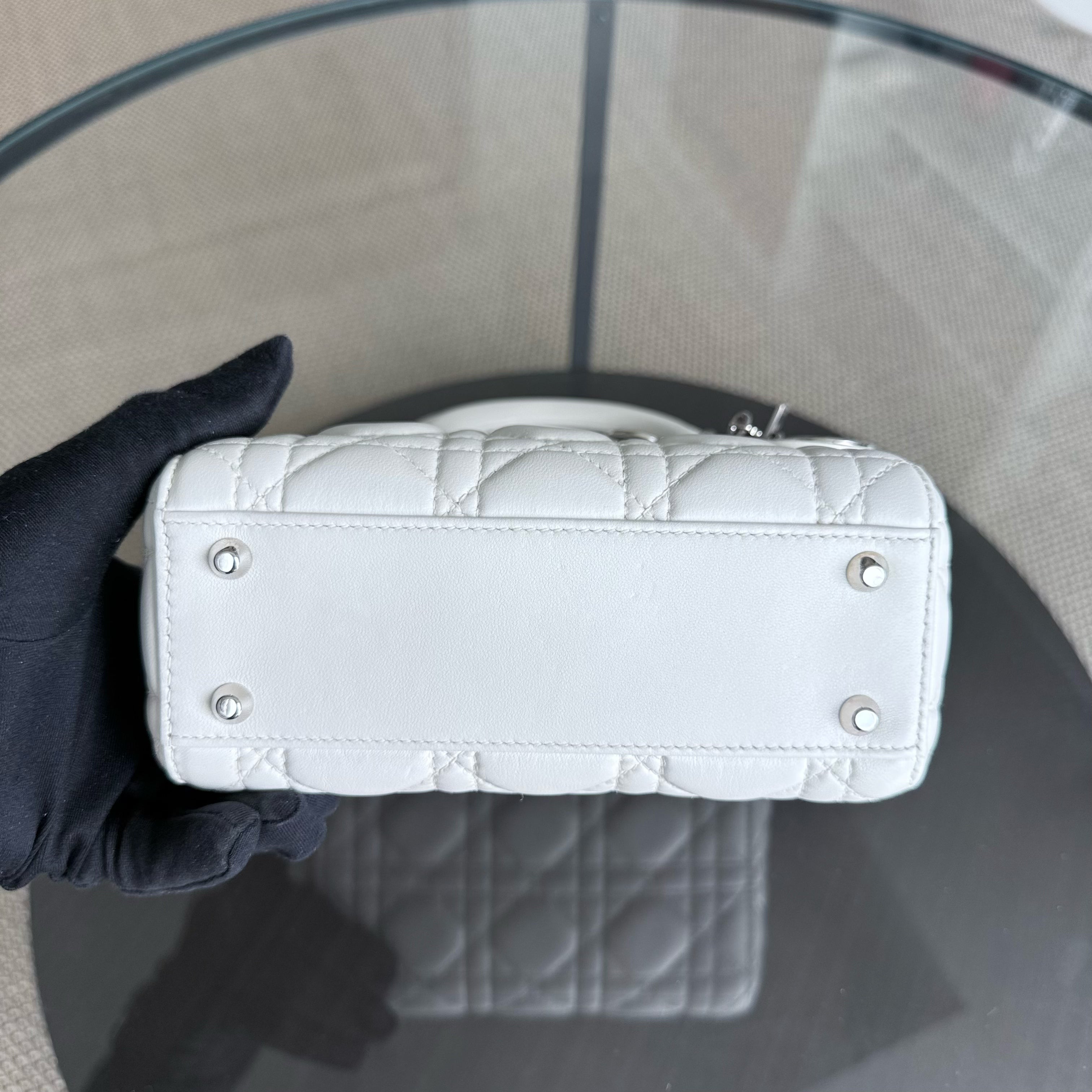 Dior Lady Mini - Cannage Lambskin White Silver Hardware Chain Strap