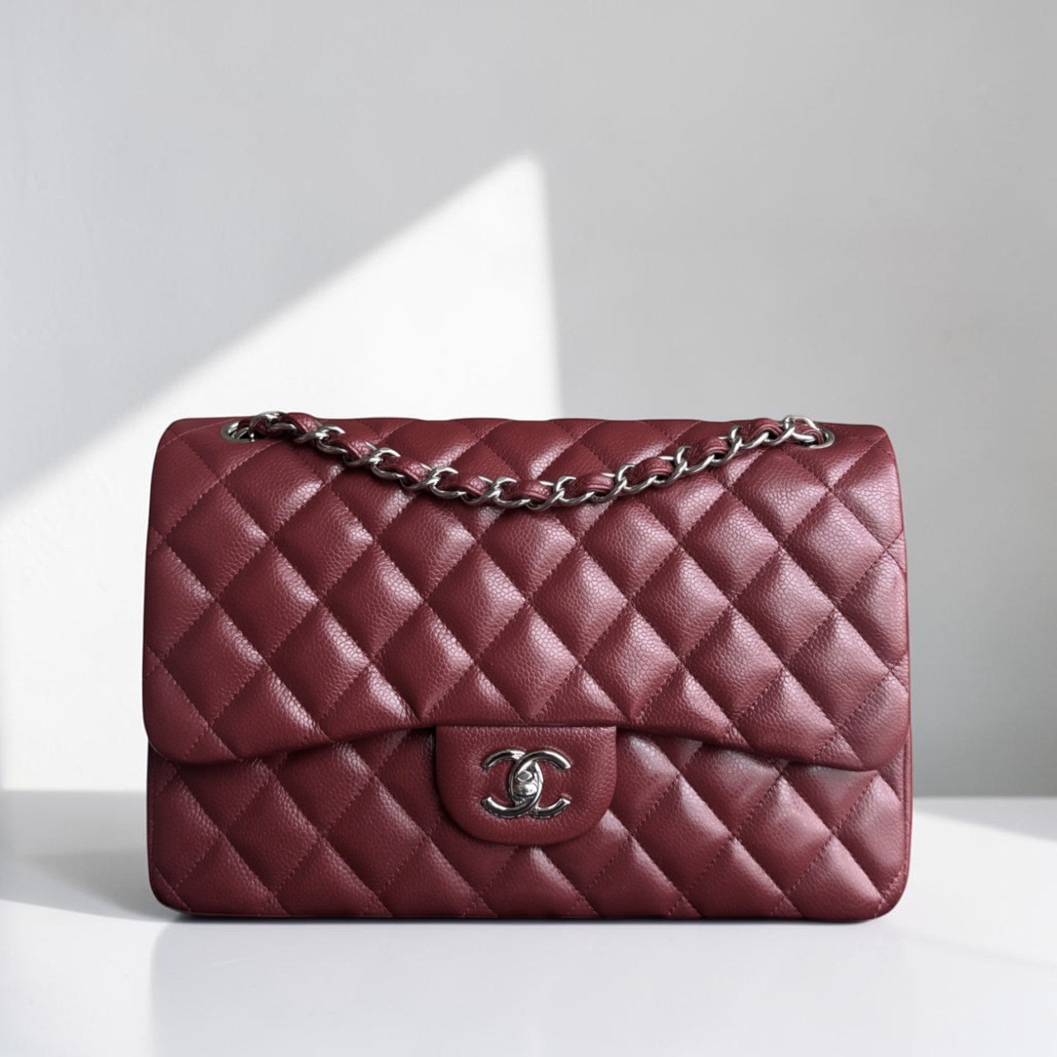 Chanel Classic Flap Jumbo - Caviar 30CM Double Flap Quilted Burgundy Silver Hardware