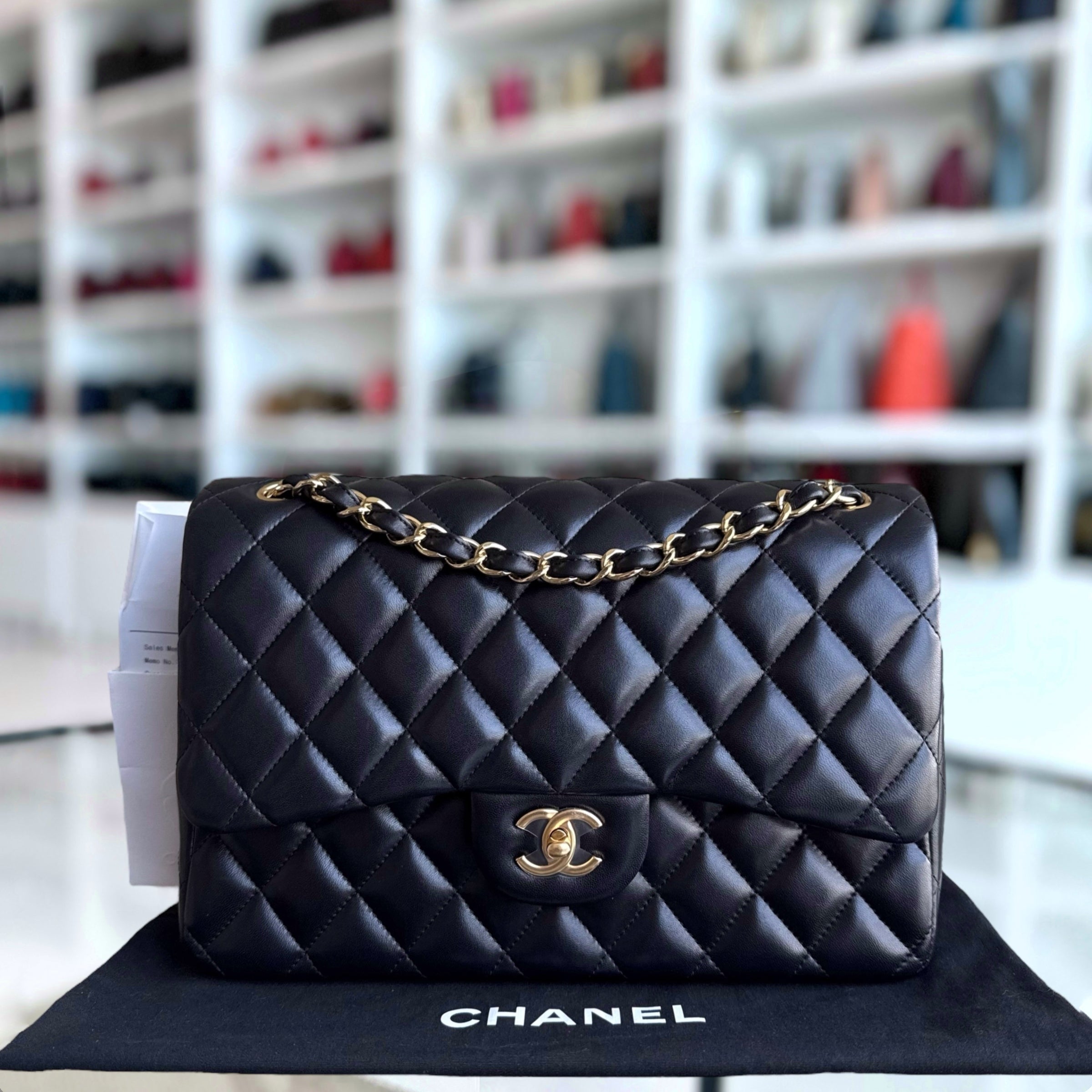 Chanel Classic Flap Jumbo - Double Flap 30CM Quilted Lambskin Black Gold Hardware Series 16