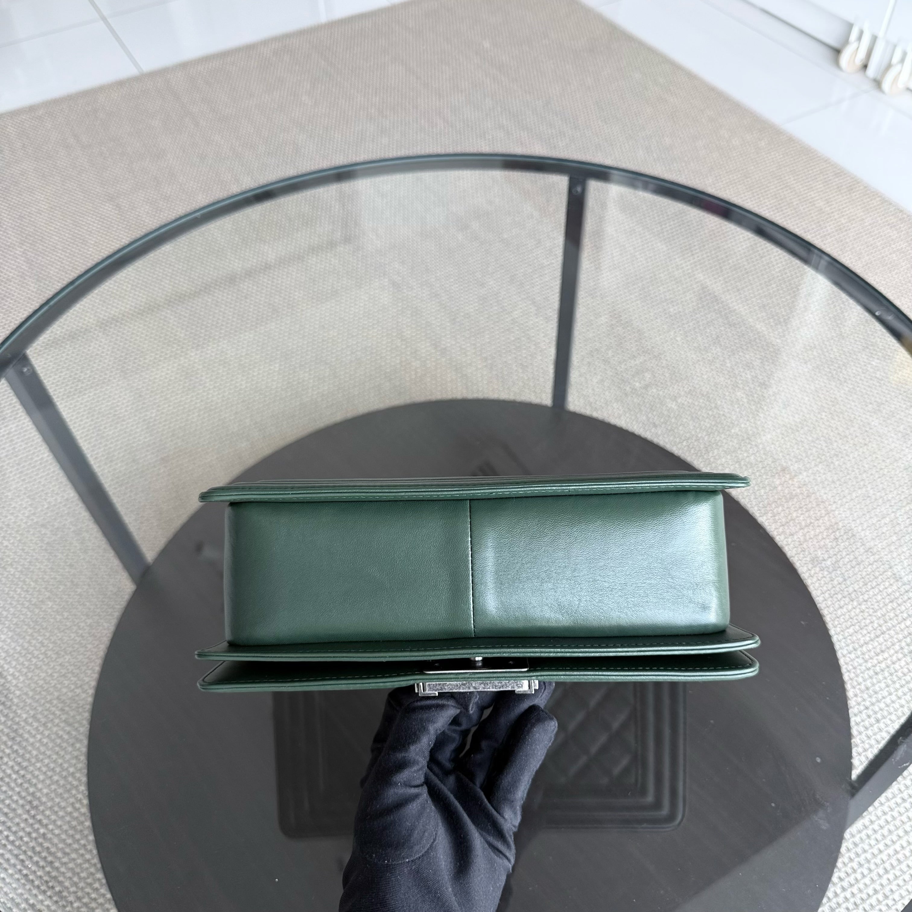 Chanel Boy Medium - Quilted Lambskin Dark Green Ruthenium Silver Hardware Series 20