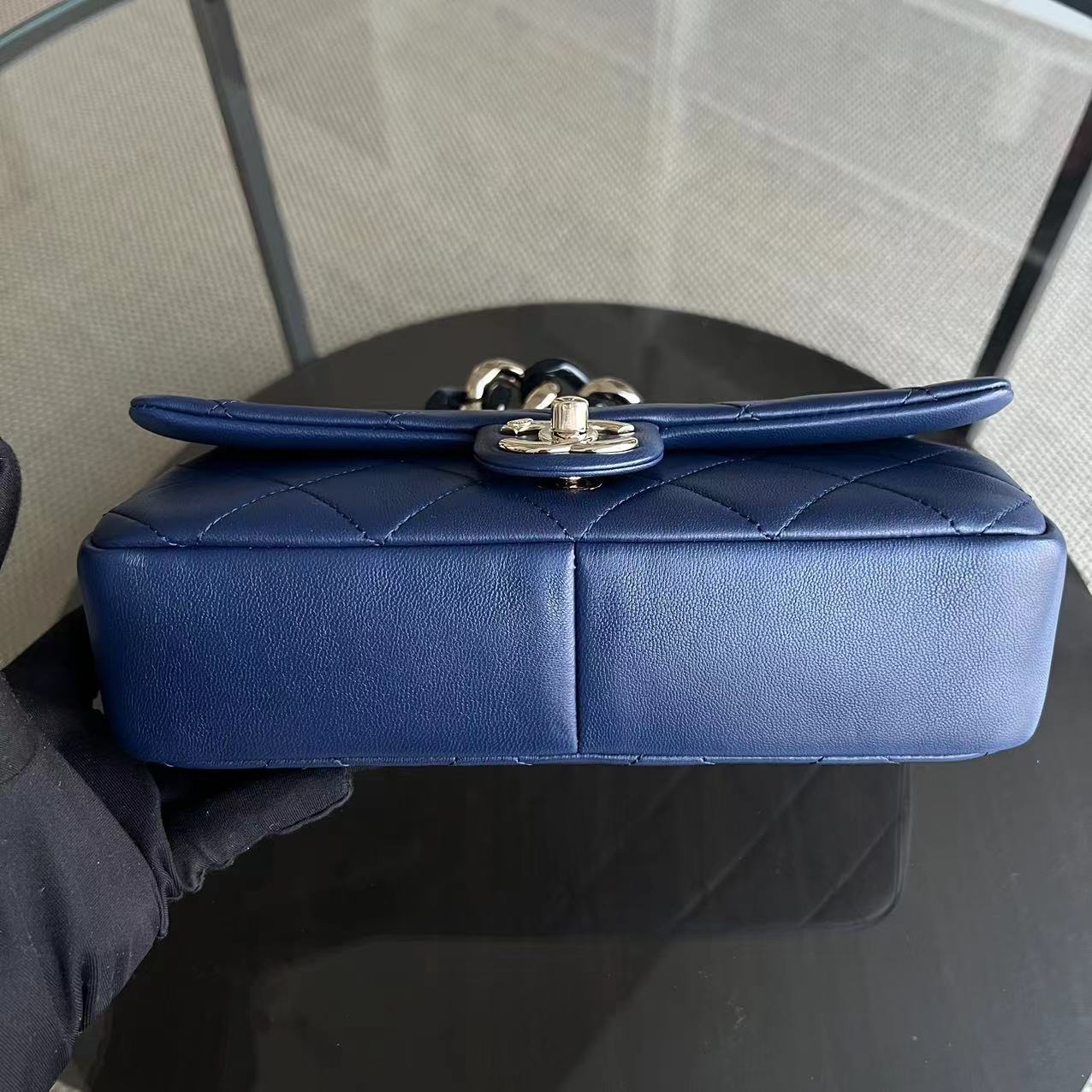 2020 Elegant Resin Chain Classic Flap Quilted Lambskin Dark Blue Two-Tone Golden Hardware No 29