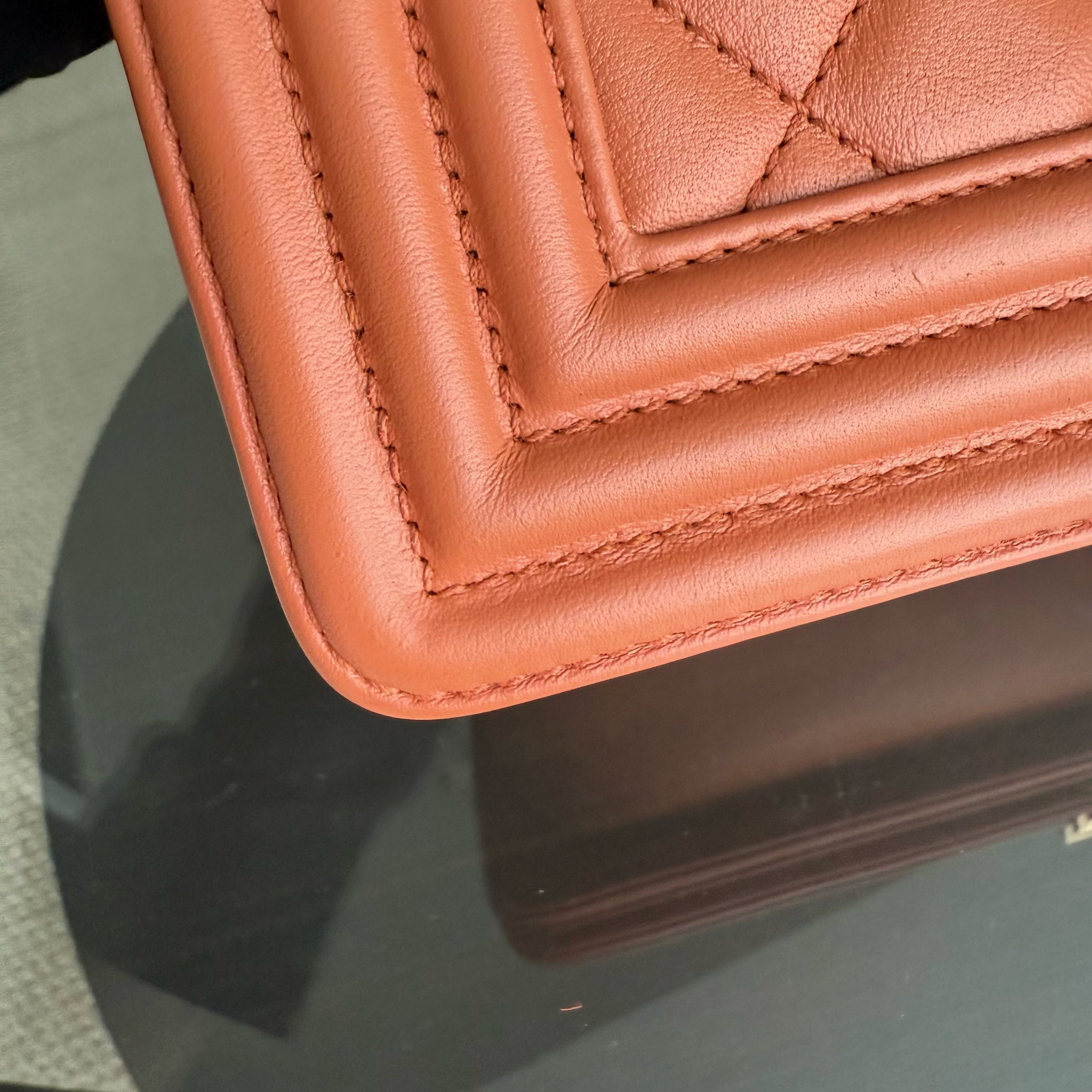 Chanel Boy Medium - 25CM Quilted Clafskin Caramel Aged Gold Hardware Series 20