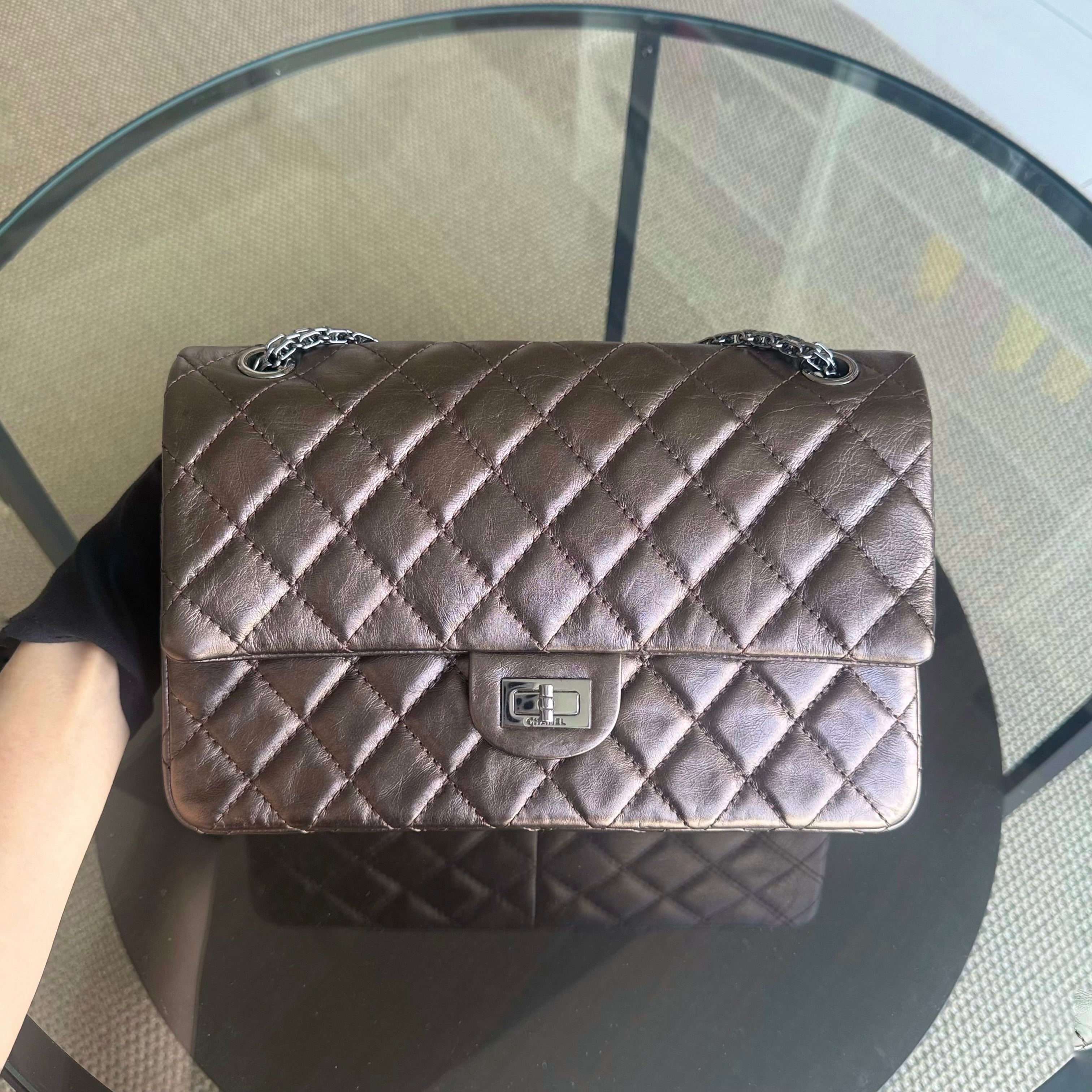Chanel 2.55 226 Medium 28CM Quilted Calfskin Metallic Brown Bronze Silver Hardware Series 12