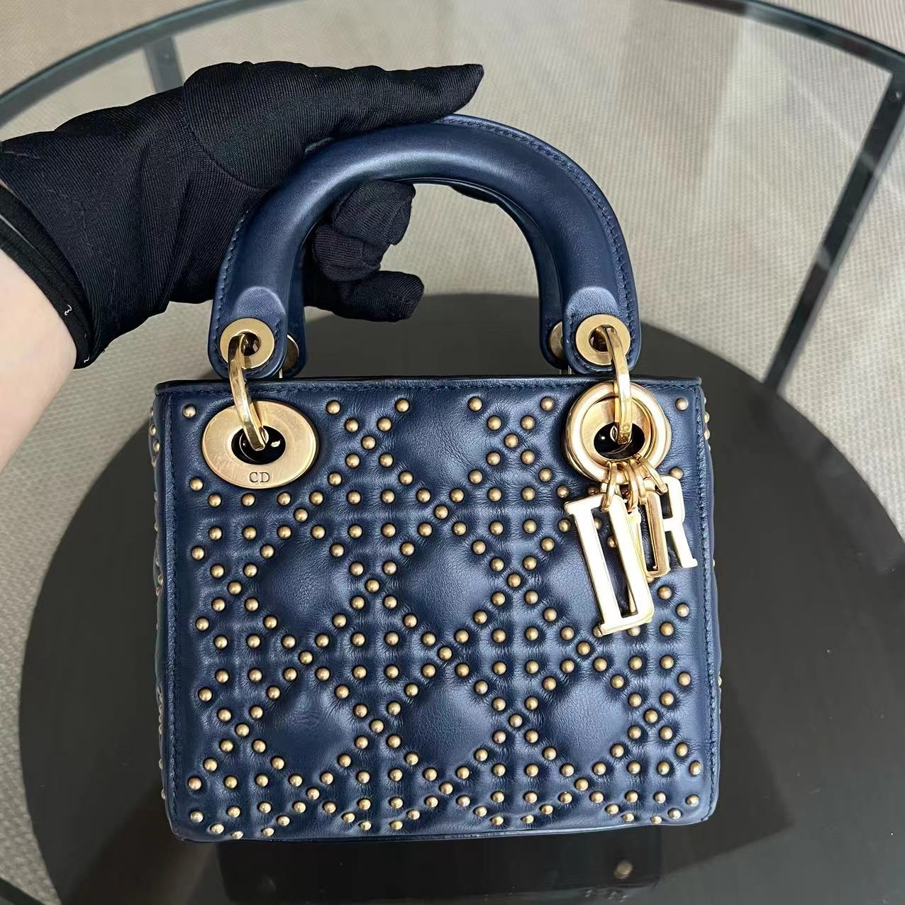 Dior Lady Mini - Studded Calfskin Dark Blue Golden Hardware