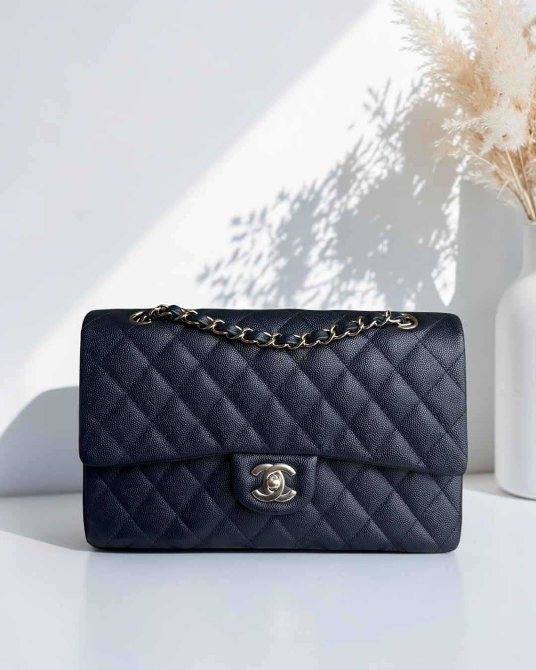 Chanel Classic Flap Medium - Caviar 25CM Quilted Dark Navy Blue Light Gold Hardware Series 26
