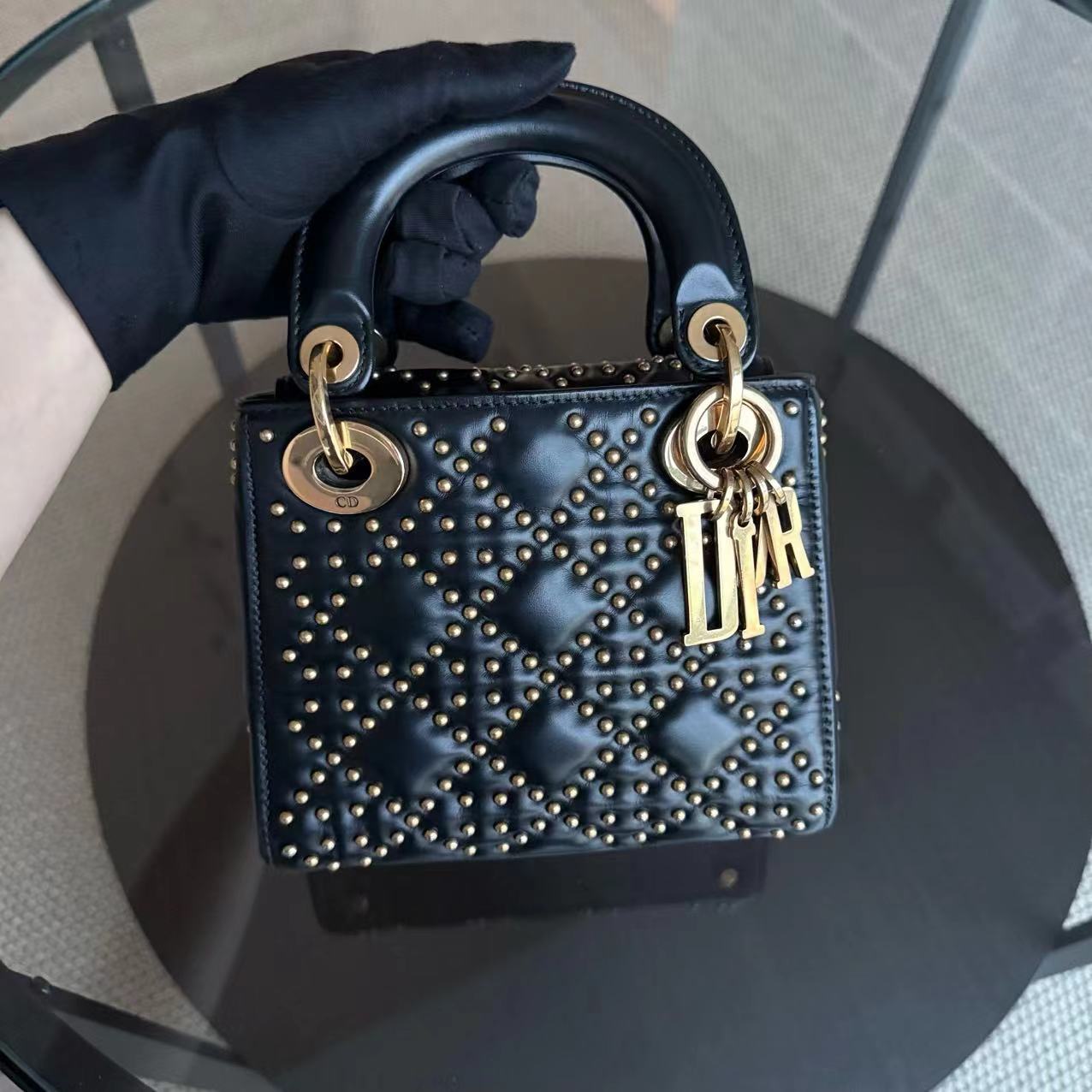 Dior Lady Mini Quilted Studded Lambskin Black Golden Hardware