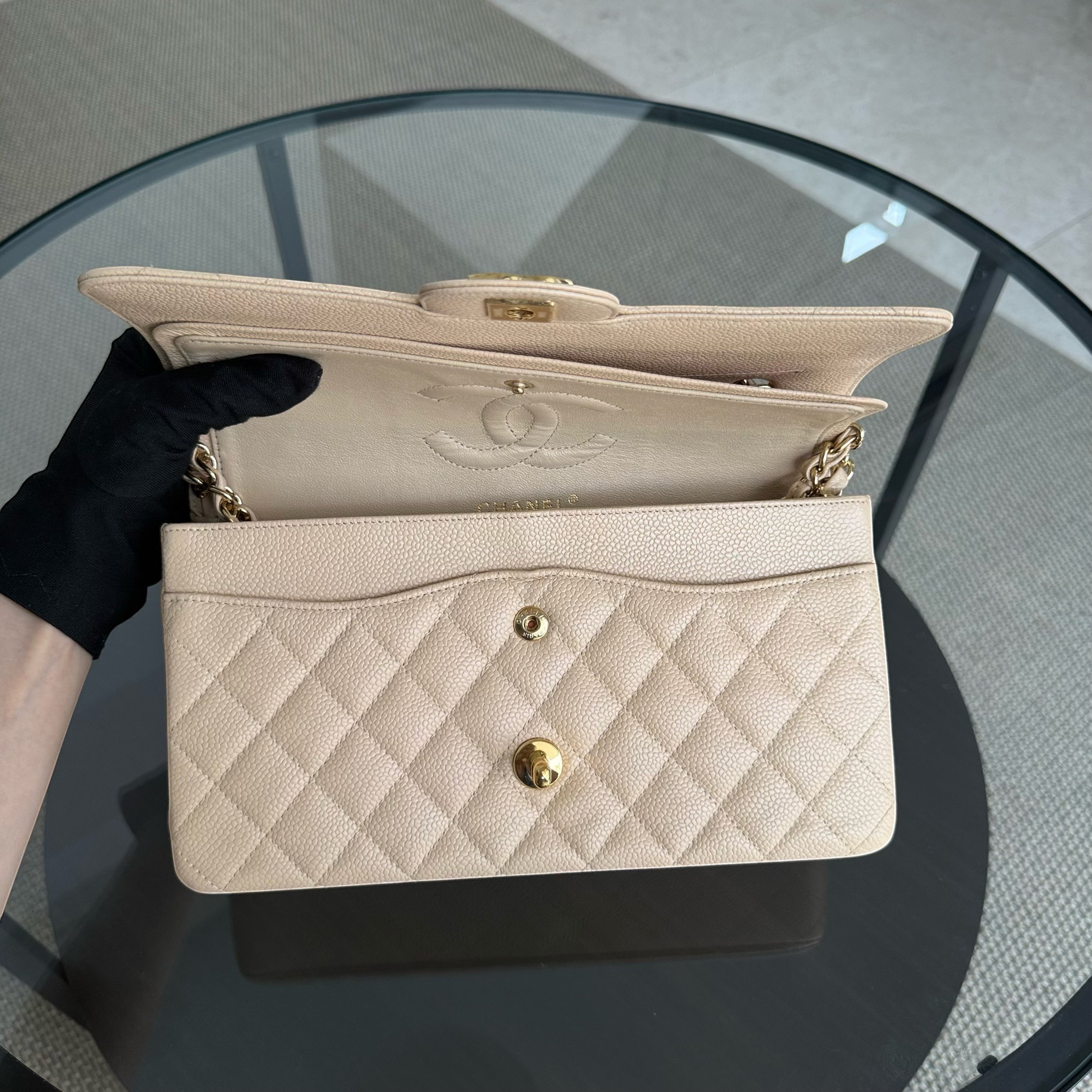 Chanel Classic Flap Medium - Caviar 25CM Quilted Beige Gold Hardware Series 14