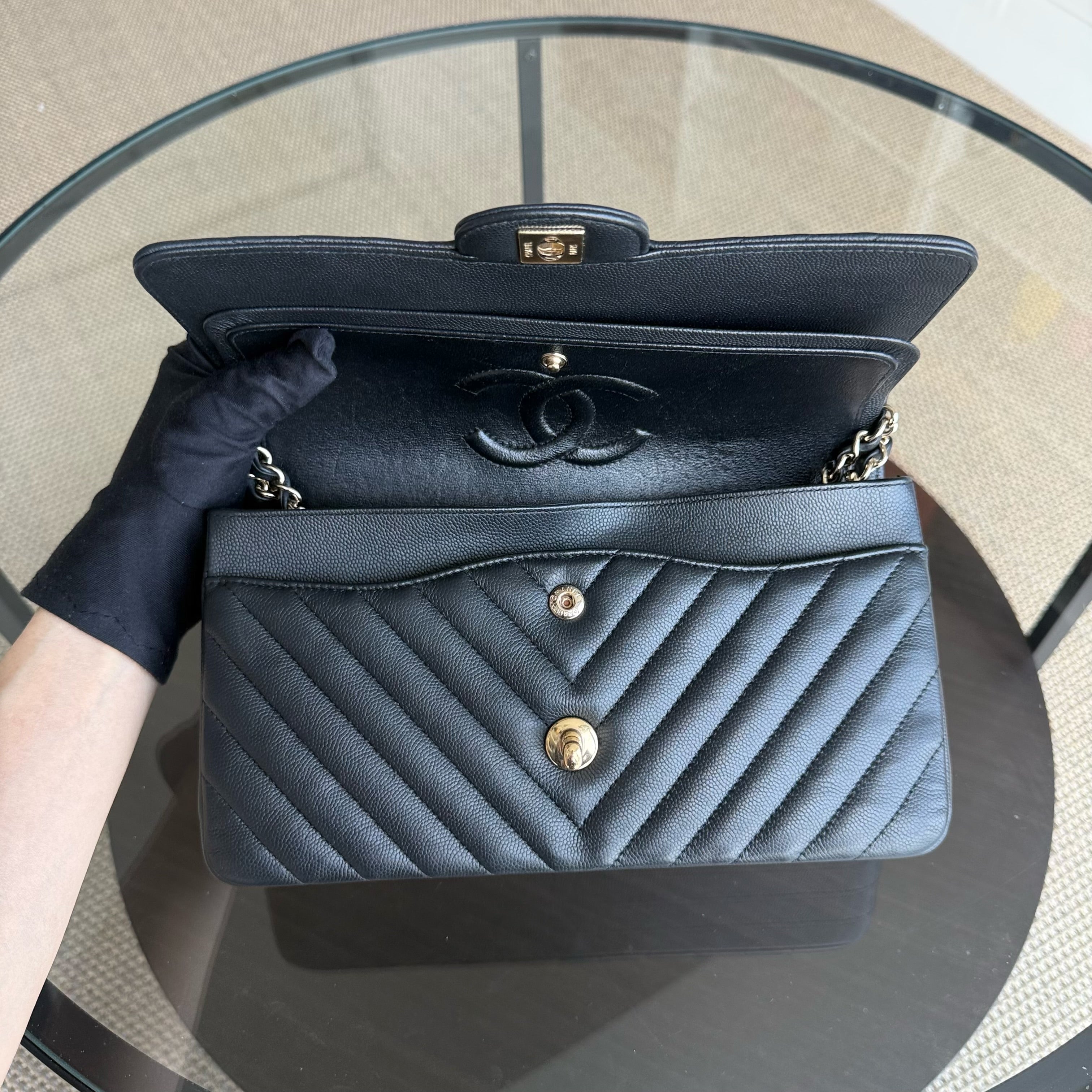 Chanel Classic Flap Medium - Caviar 25CM Chevron Grained Calfskin Black Gold Hardware Series 27