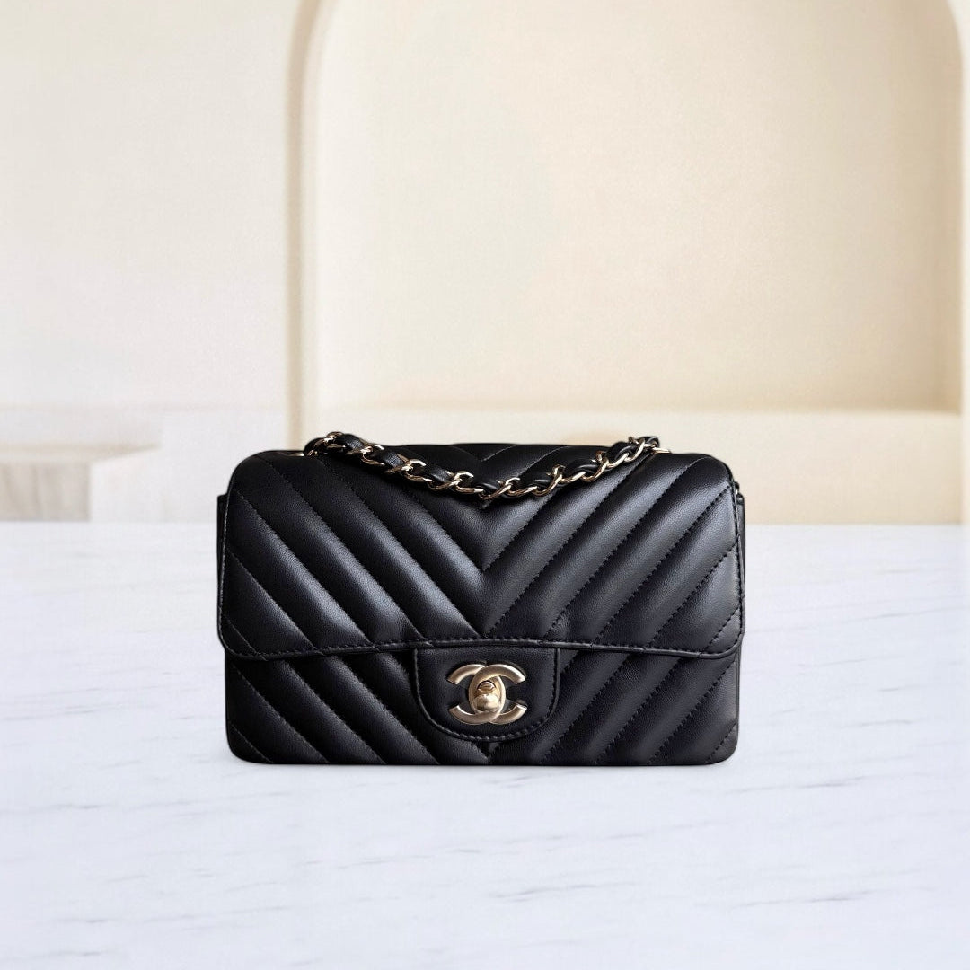 Chanel Classic Flap Mini - Chevron Lambskin Black Gold Hardware Series 25
