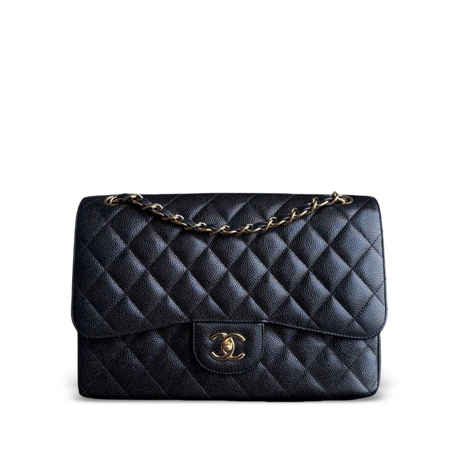 Chanel Classic Flap Jumbo - Caviar 30CM Double Flap Quilted Grained Calfskin Black Gold Hardware