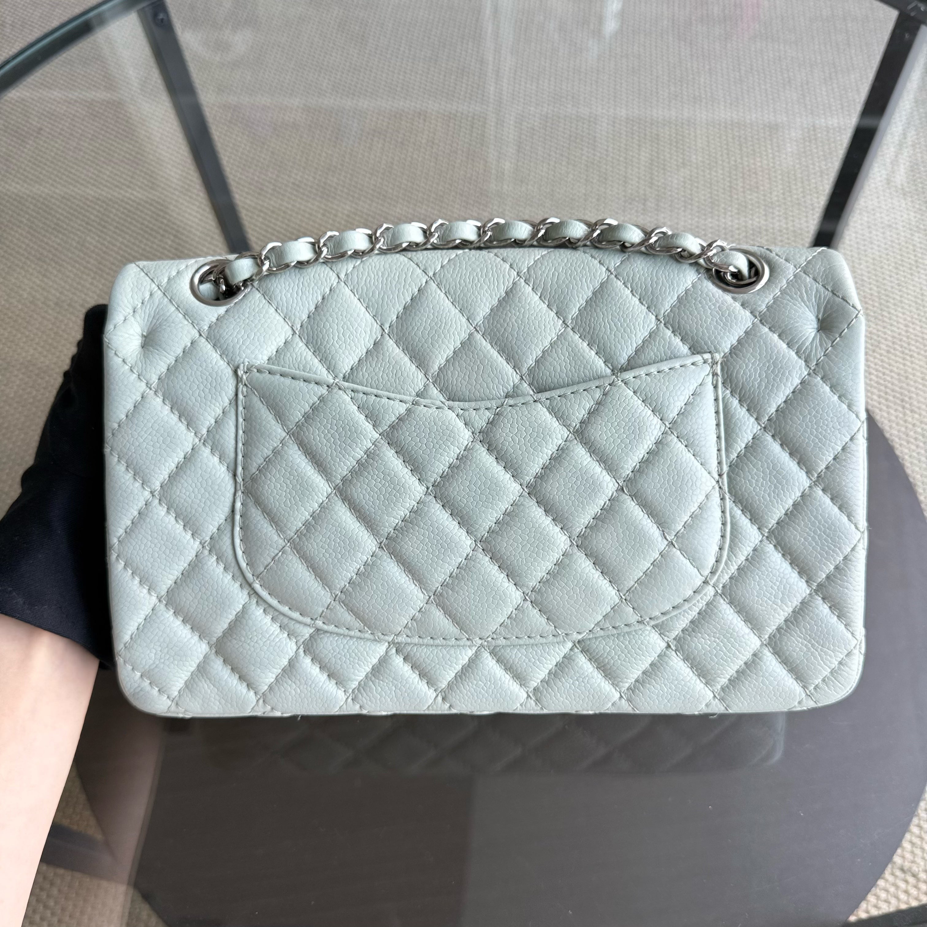 Chanel Classic Flap Medium - Caviar 25CM Quilted Light Mint Green Grey Gray Silver Hardware Series 12