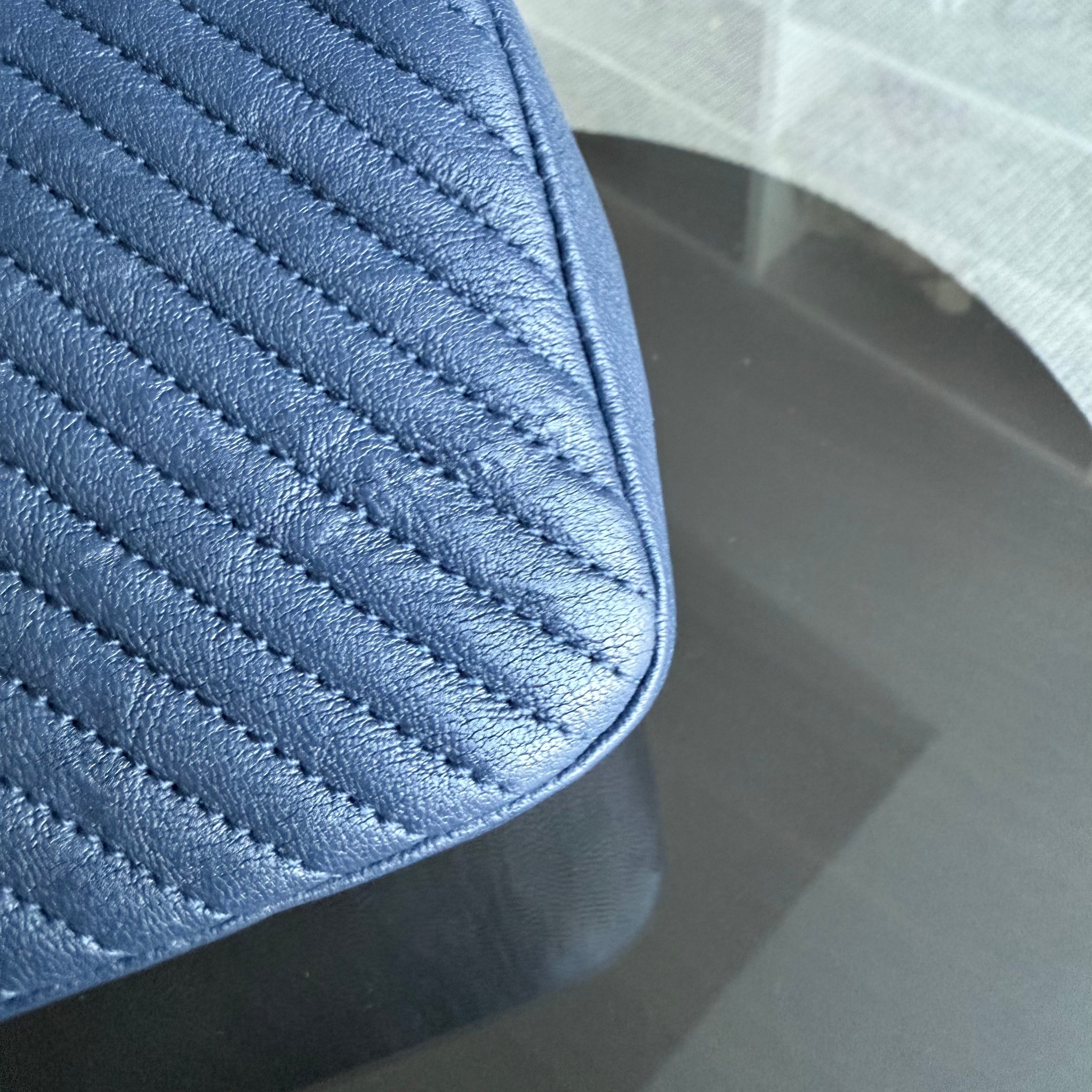 Chanel Seasonal Flap Herringbone - 23CM Calfskin Chevron Blue Distressed Aged Gold Hardware Series 21