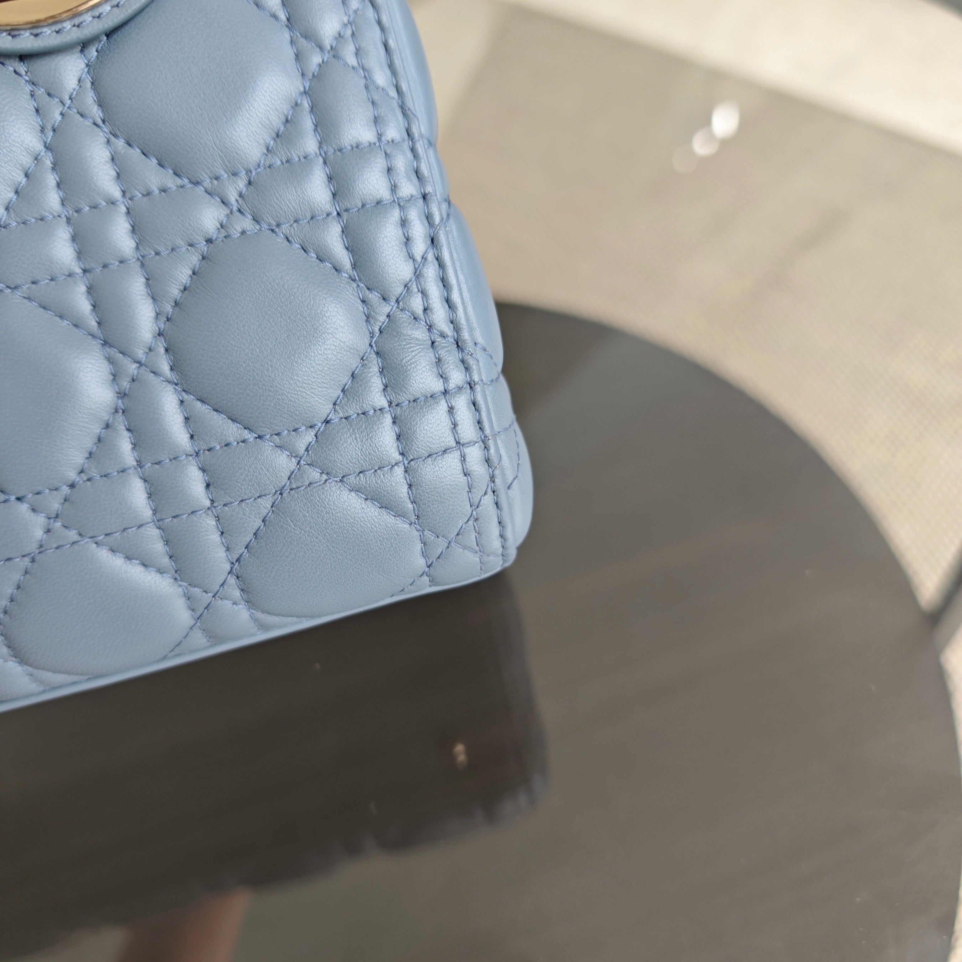 Dior Lady Medium - Cannage Lambskin Haze Blue Gold Hardware Adjustable Strap