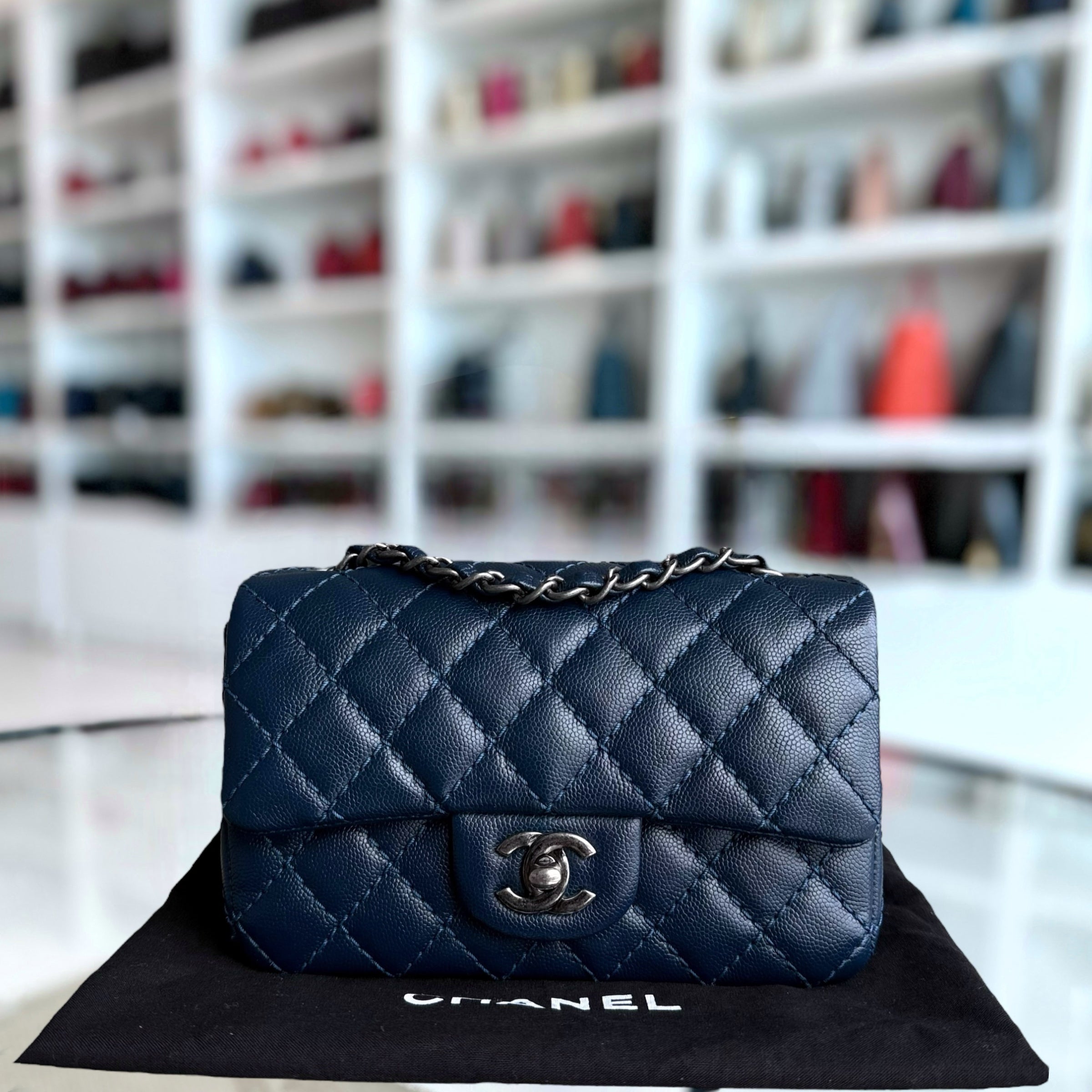 Chanel Classic Flap Mini Rectangle - Caviar 20CM Quilted Dark Blue Ruthenium Silver Hardware Series 23