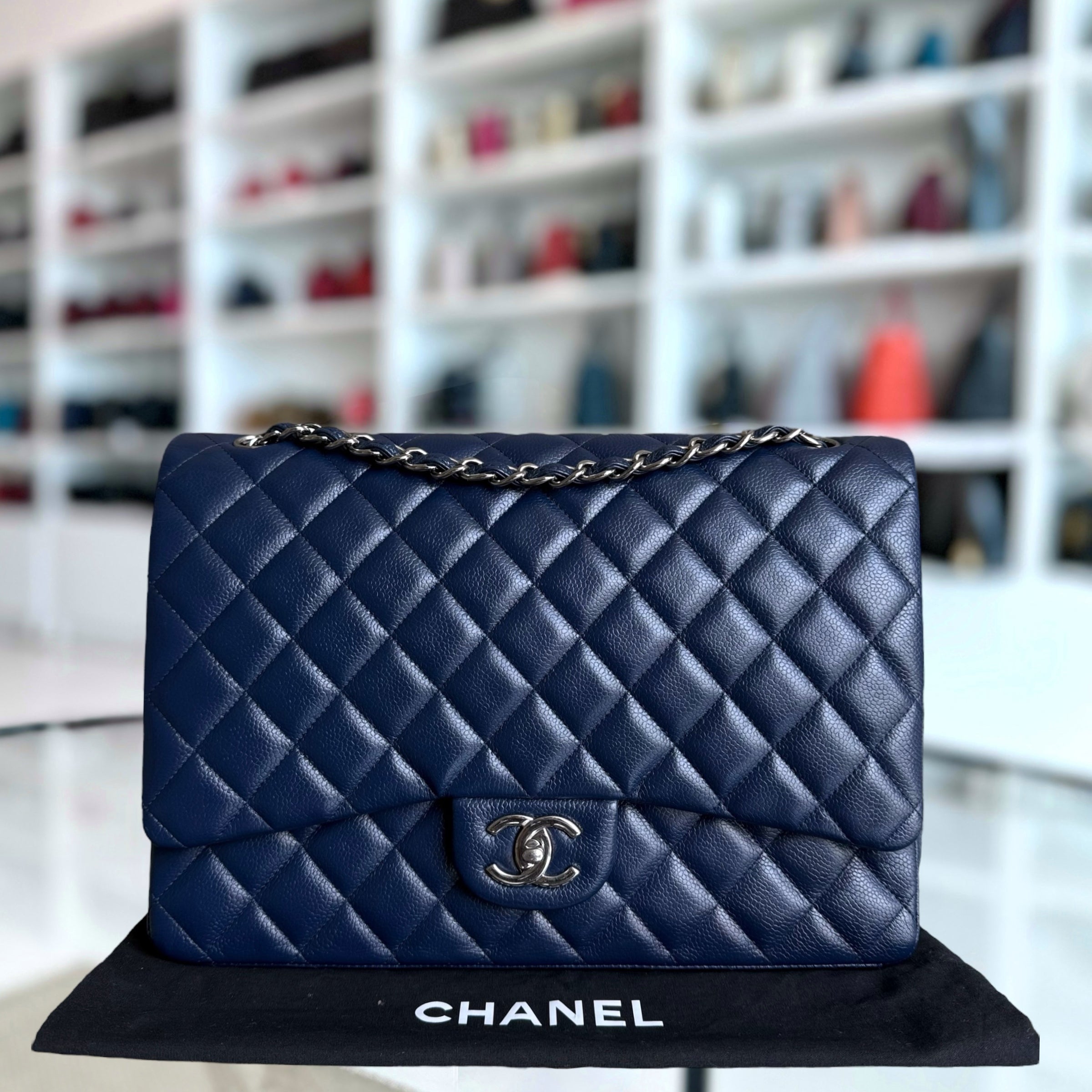 Chanel Classic Flap Maxi - Caviar Double Flap 34CM Quilted Dark Blue Silver Hardware Series 15
