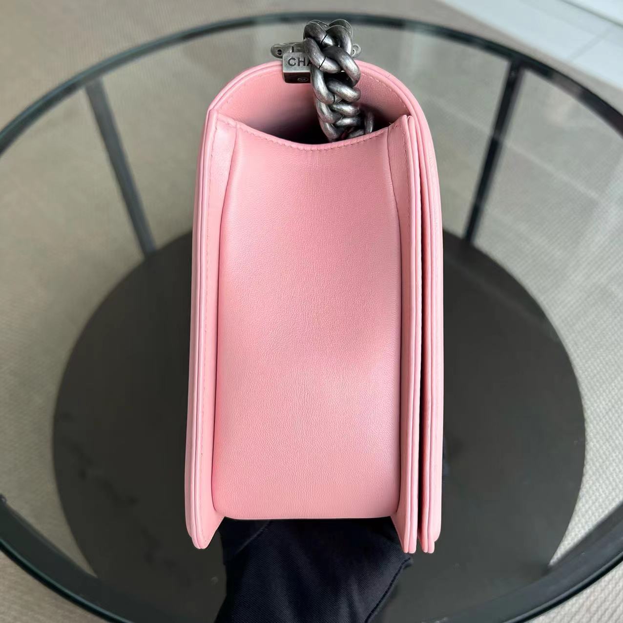 Boy New Medium 28CM Quilted Lambskin Sakura Pink Leboy Ruthenium Silver Hardware Series 20