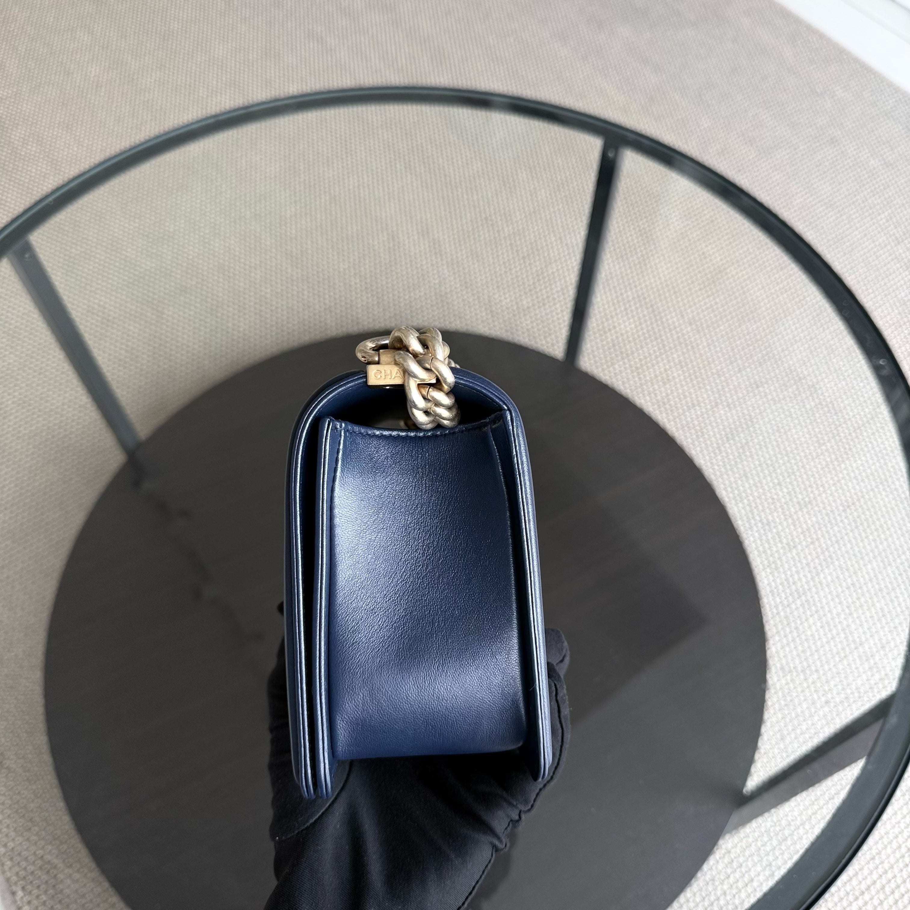 Chanel Boy Meidum - 25CM Quilted Lambskin Dark Blue Gold Hardware Series 21