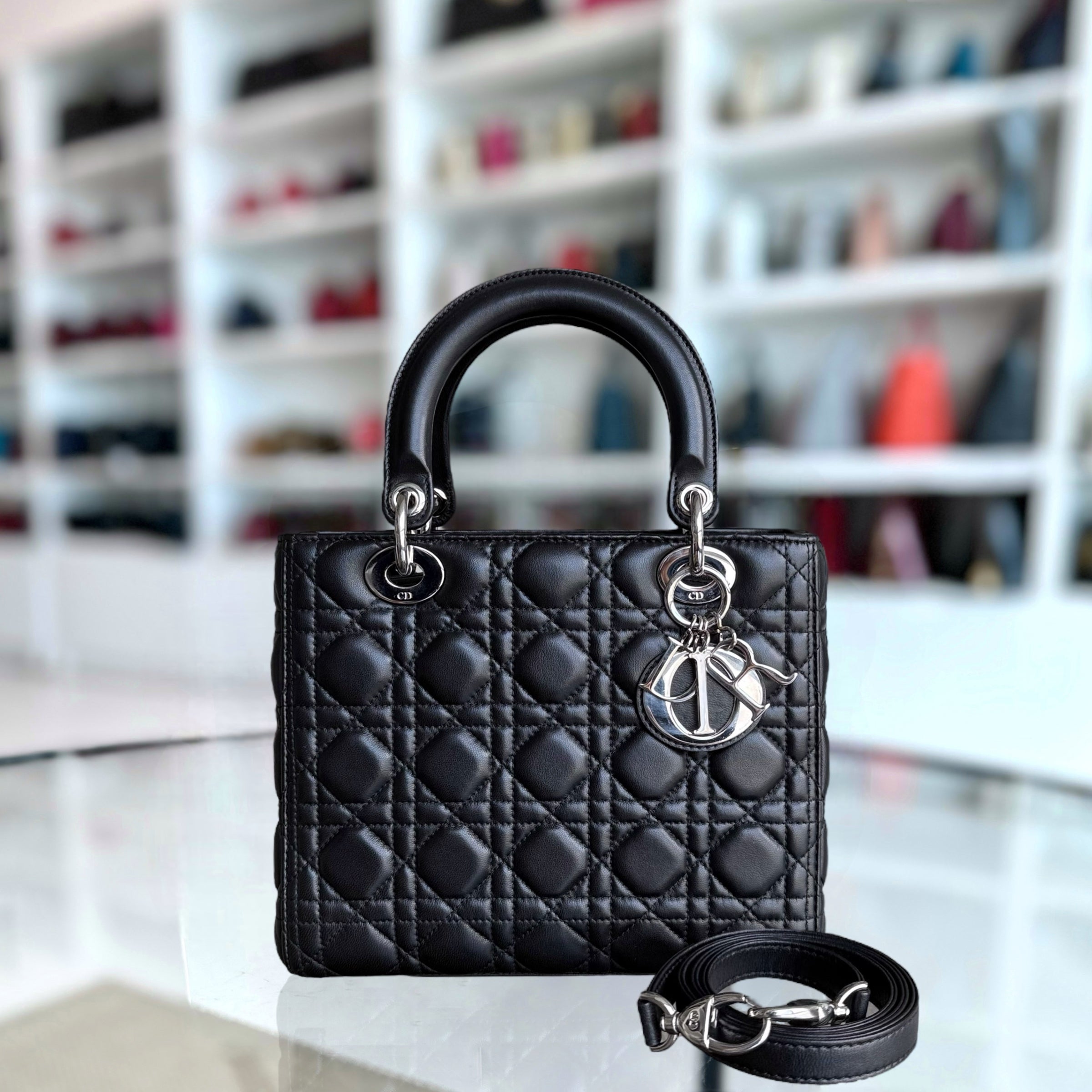 Dior Lady Medium - Cannage Lambskin Black Silver Hardware