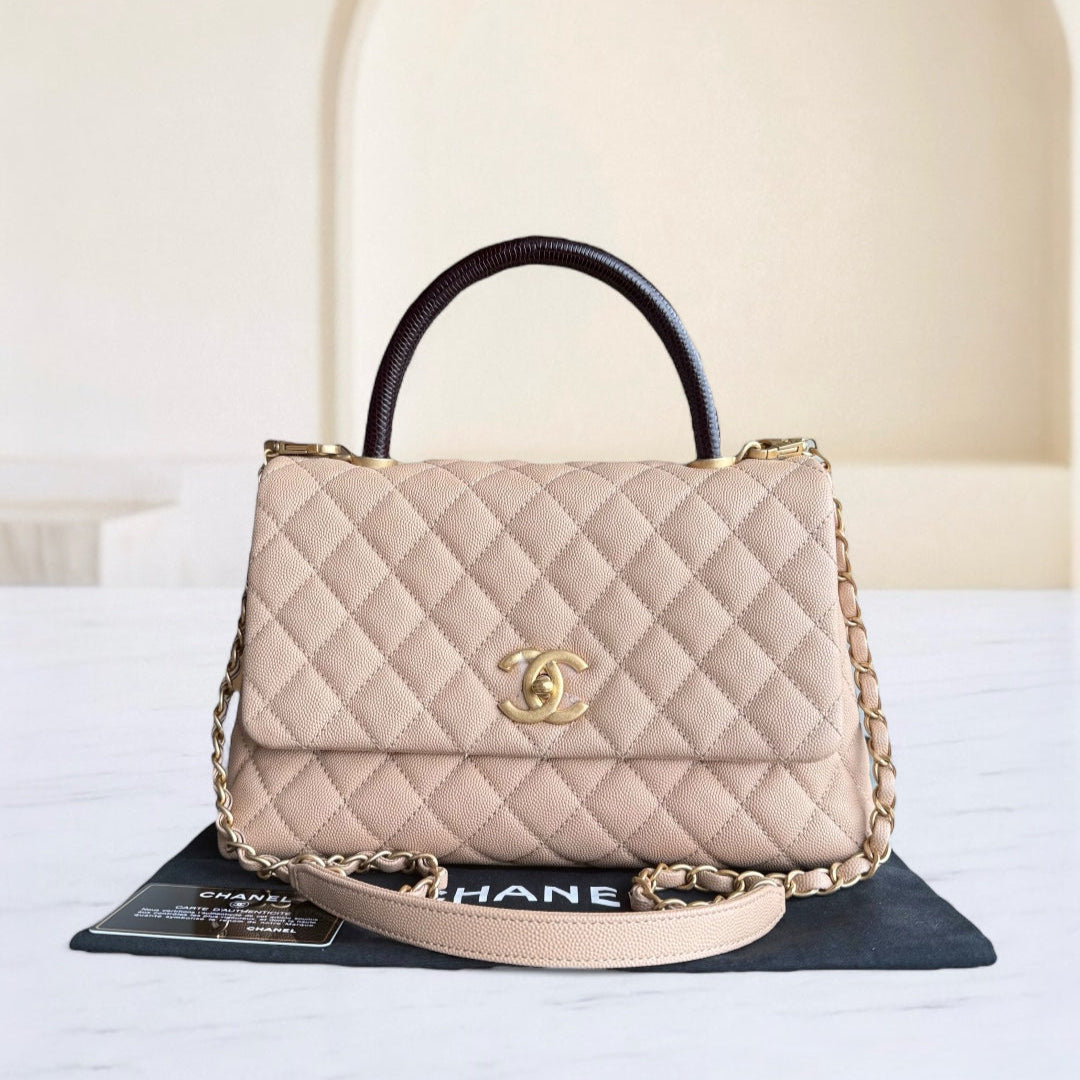 Chanel Coco Handle Medium - Caviar Quilted Grained Calfskin Beige Gold Hardware Series
