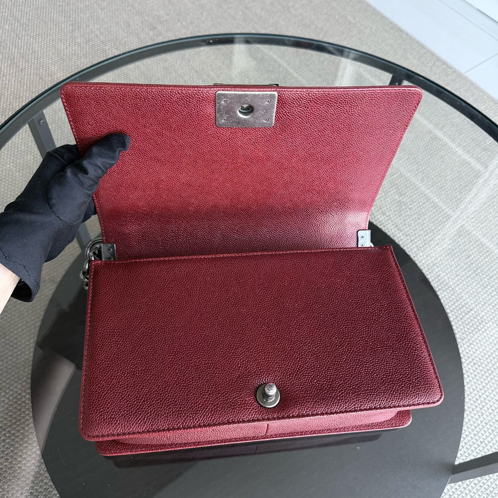 Chanel Boy Medium - 28CM Caviar Quilted Grained Calfskin Burgundy Dark Red Silver Hardware Series 19