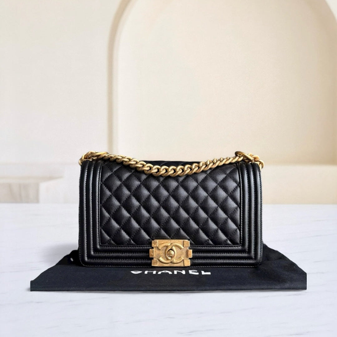 Chanel Boy Medium - Caviar 25CM Quilted Black Gold Hardware
