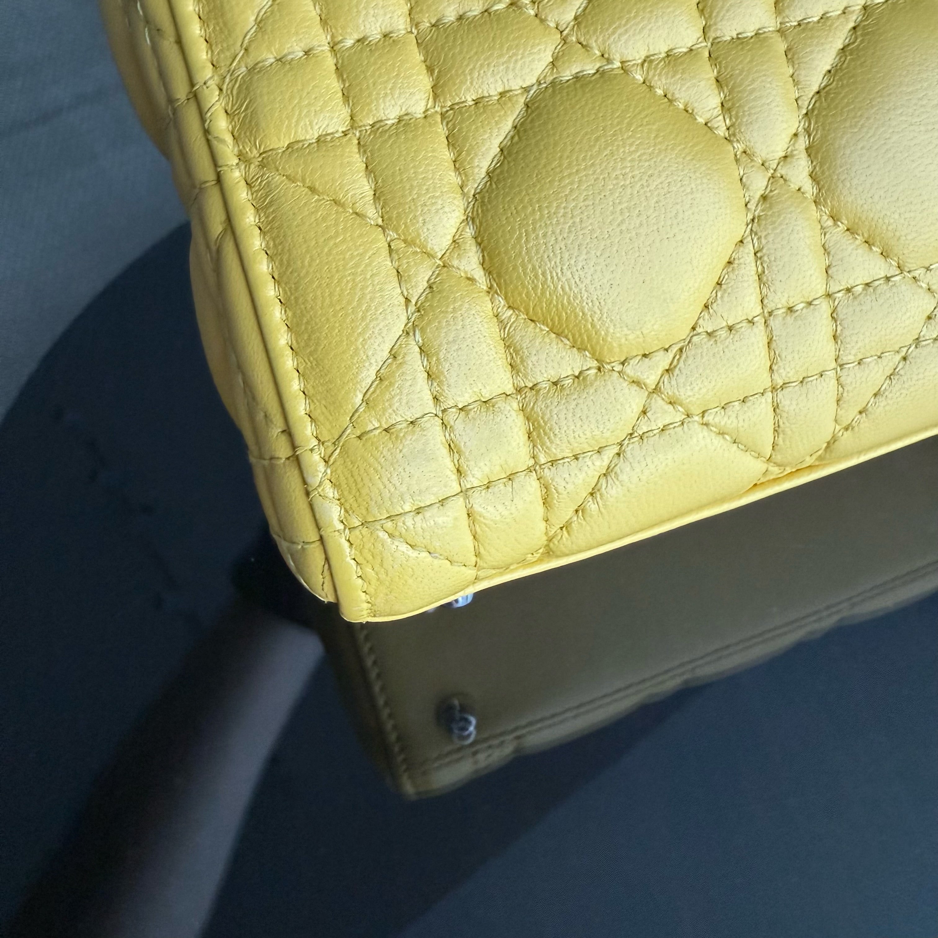 Dior Lady Mini Flap - Cannage Lambskin Yellow Silver Hardware Chain Strap Silver Hardware