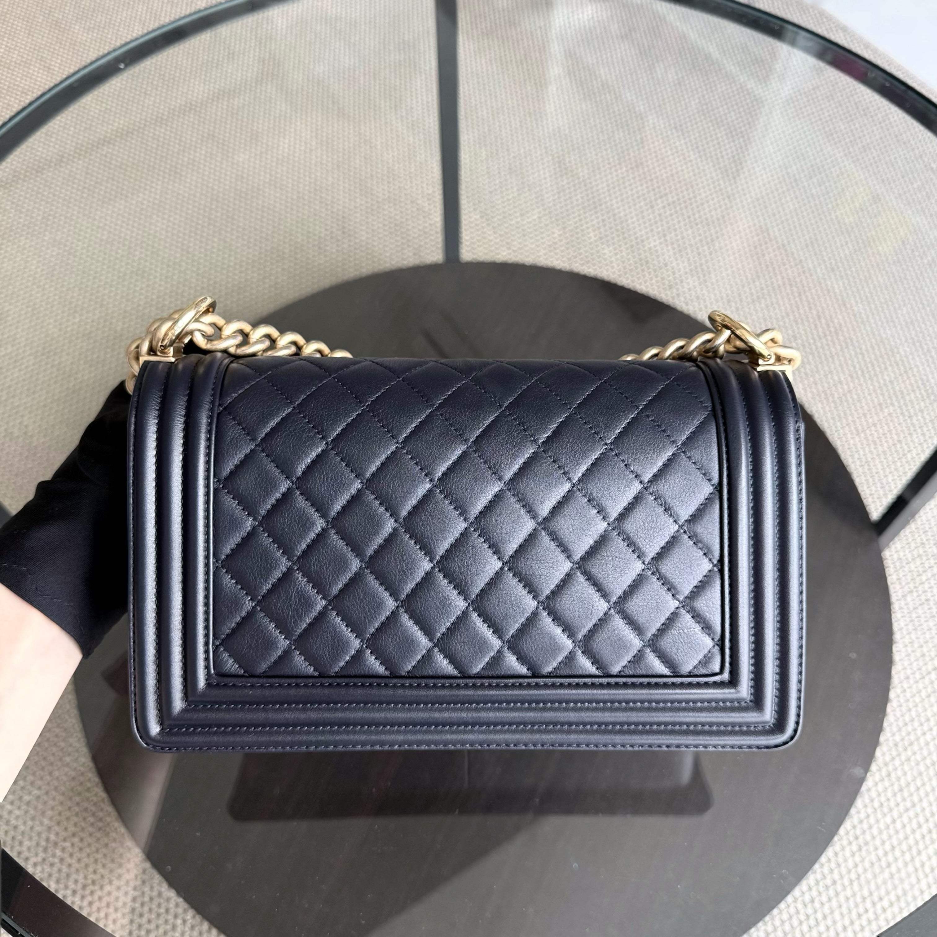 Chanel Boy Medium - Calfskin 25CM Quilted Dark Blue Gold Hardware Series 26