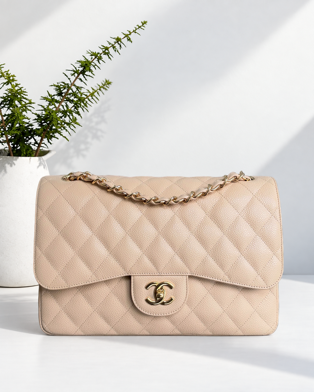 Chanel Classic Flap Jumbo - Caviar 30CM Single Flap Quilted Beige Gold Hardware Series 13