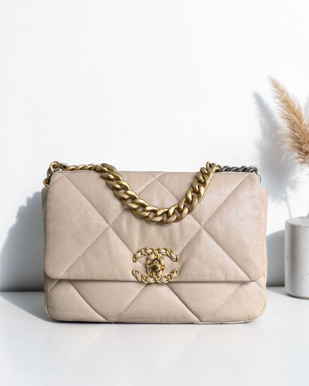 Chanel Small 19 Bag C19 Quilted Beige Two Tone Golden Hardware Series 30