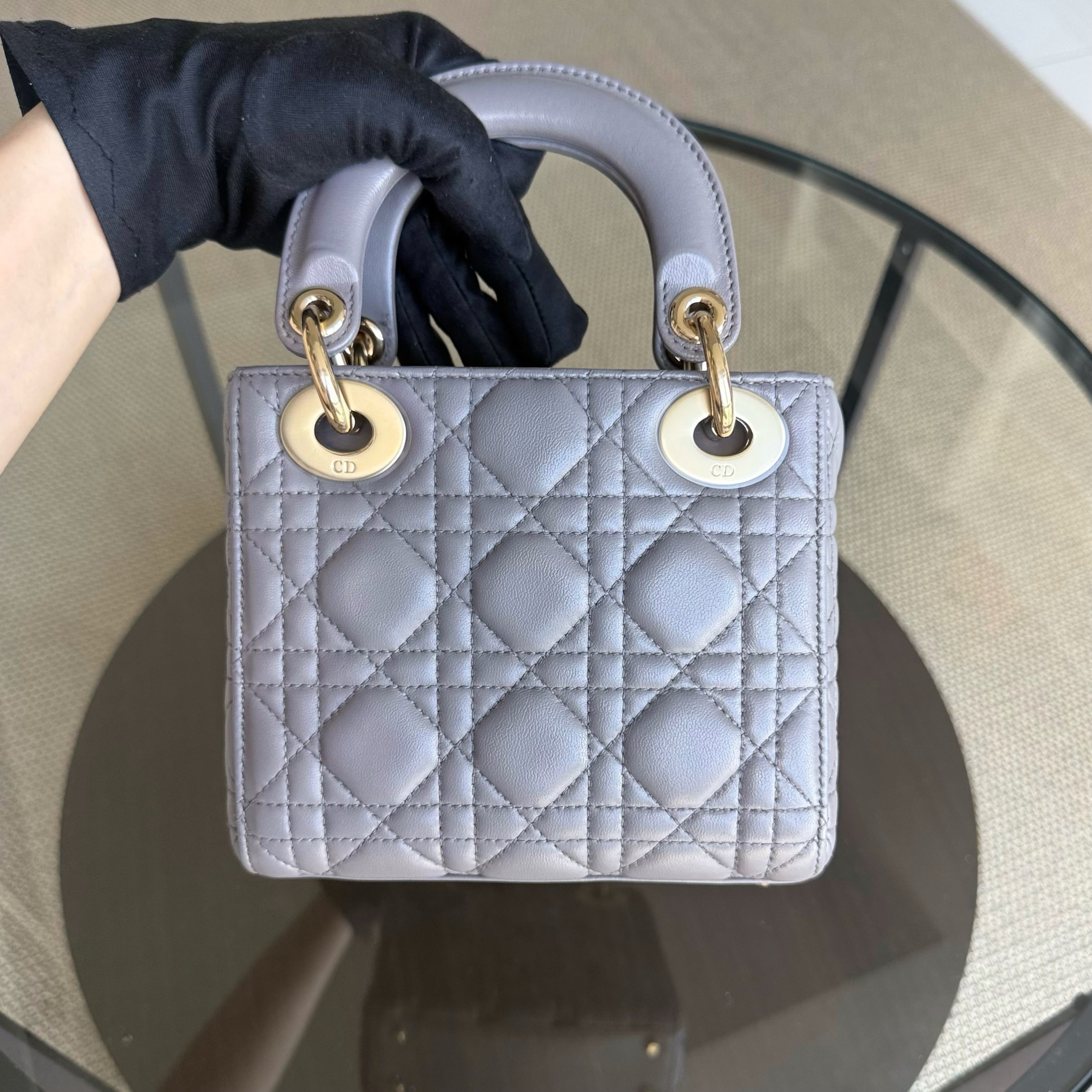 Dior Lady Mini - Cannage Lambskin Grey Gray Gold Hardware Adjustable Strap