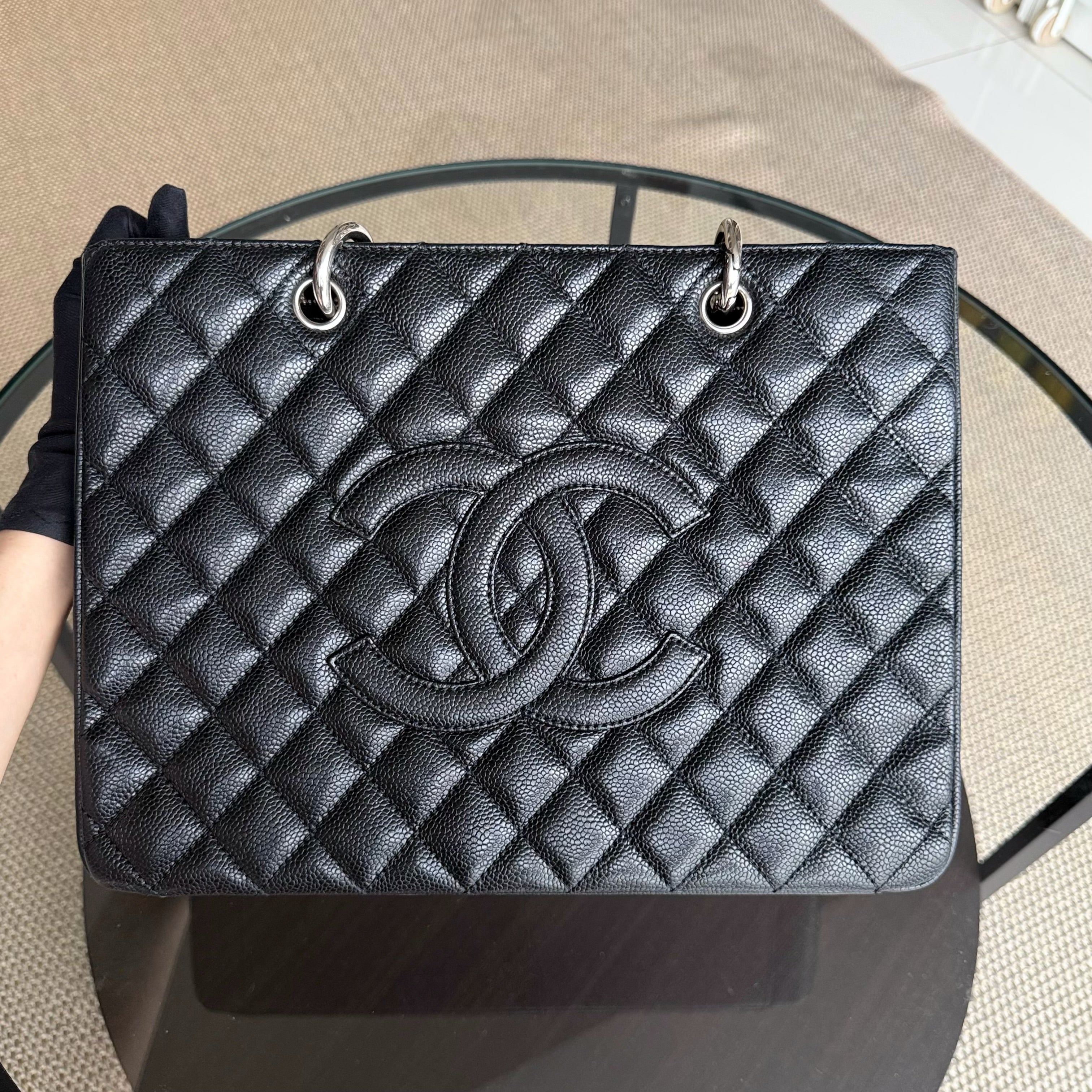 Chanel GST Grand Shopping Tote - Caviar Quilted Grained Calfskin Black Silver Hardware 13