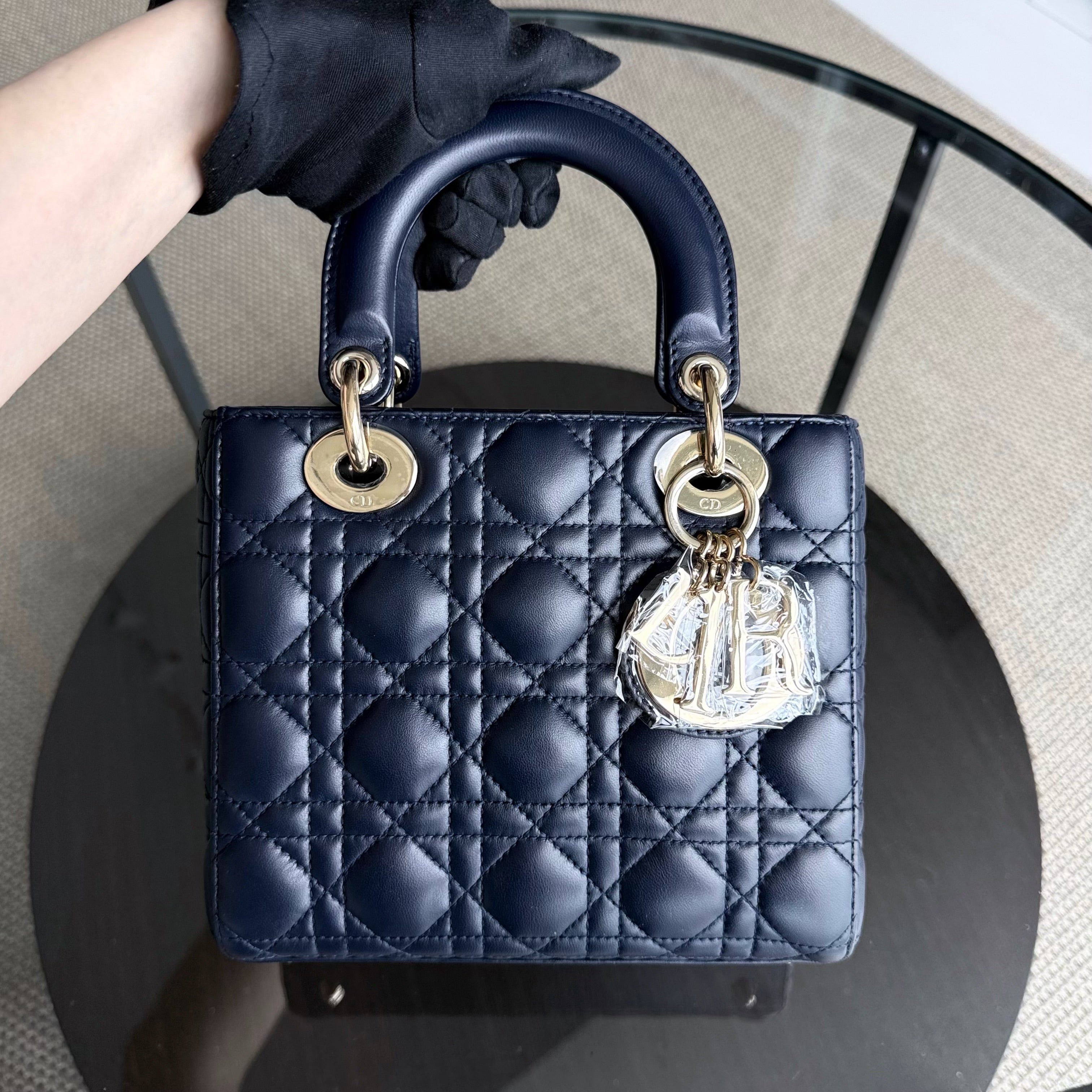 Dior Lady Small Flap - Cannage Lambskin Dark Navy Blue Gold Hardware with Charms