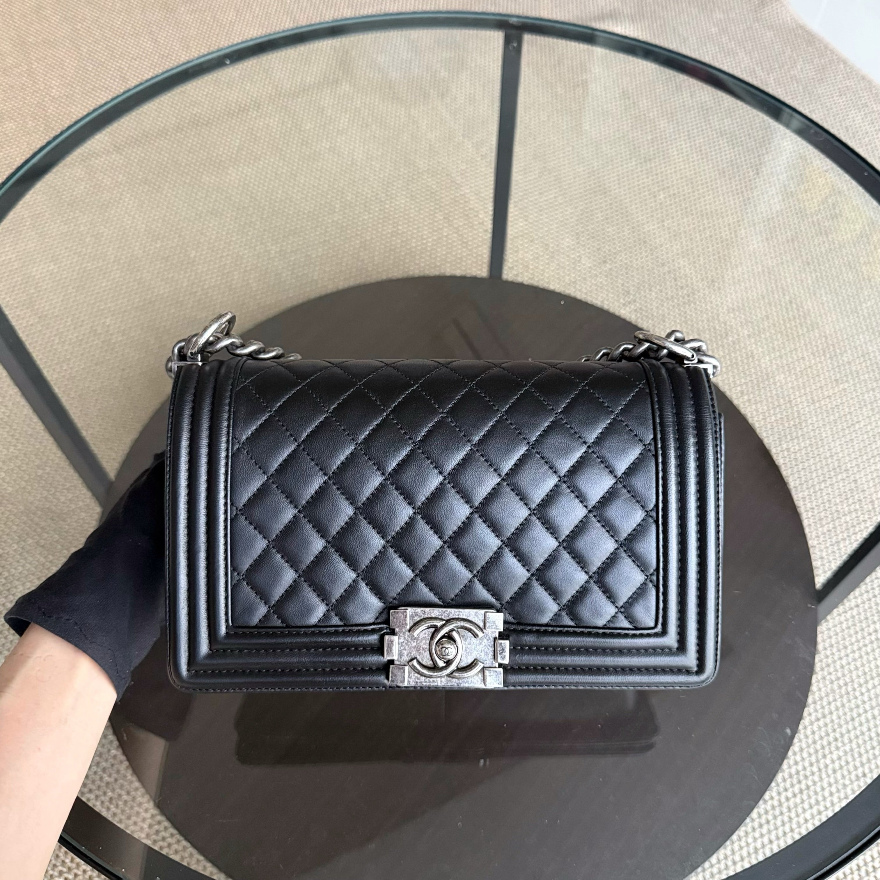 Chanel Boy Old Medium 25CM Quilted Lambskin Black Leboy Ruthenium Silver Hardware