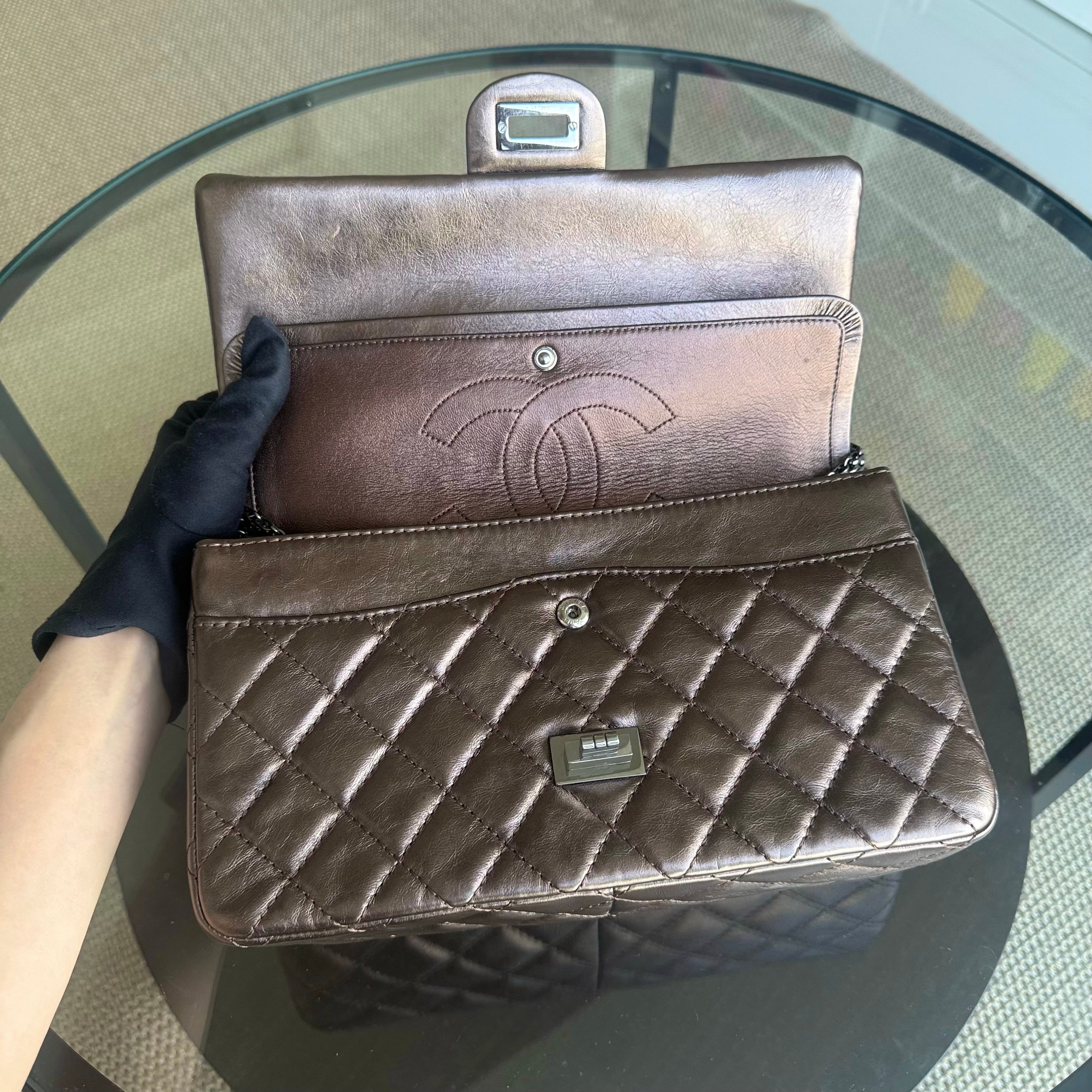 Chanel 2.55 226 Medium 28CM Quilted Calfskin Metallic Brown Bronze Silver Hardware Series 12