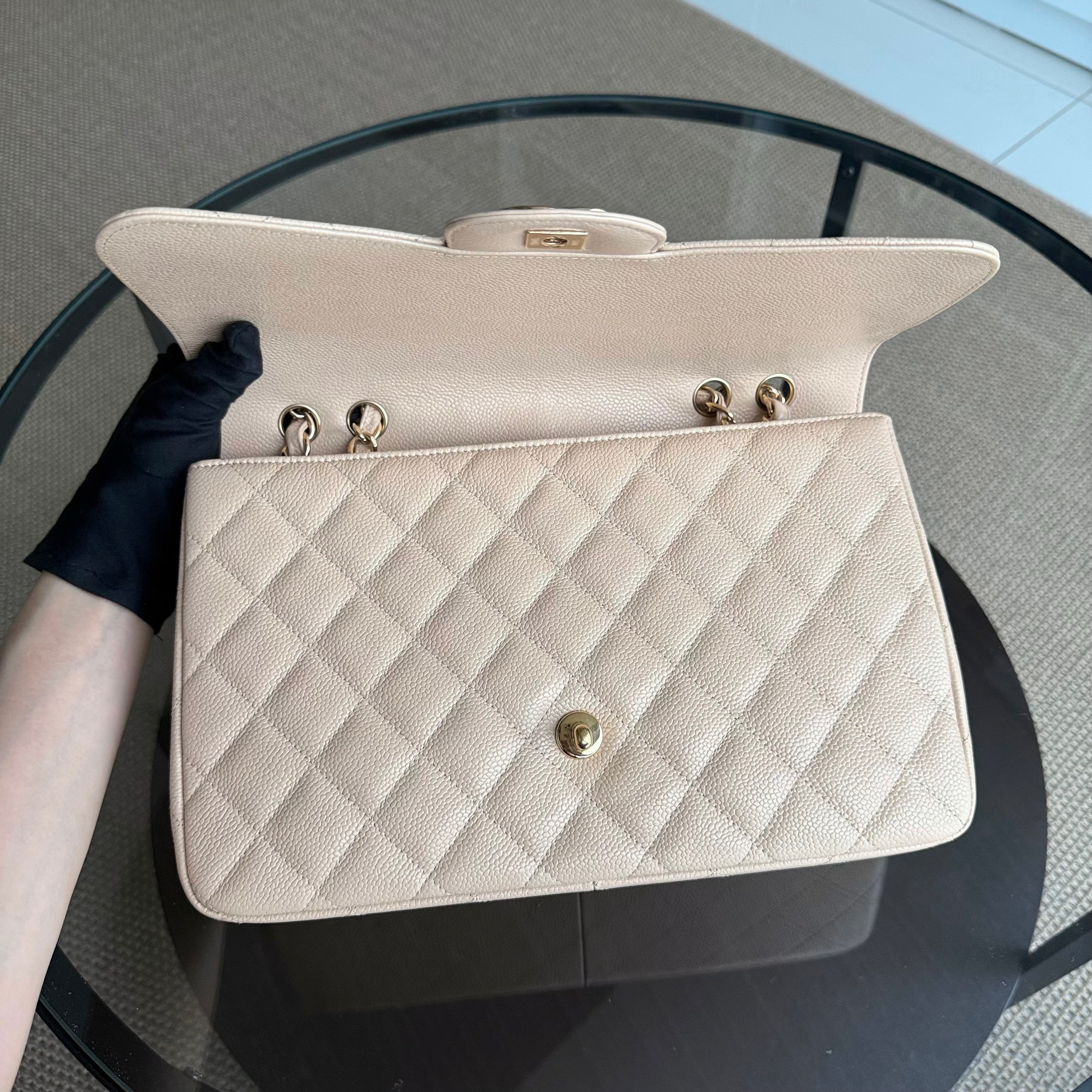 Chanel Classic Flap Jumbo - Caviar Quilted Grained Calfskin Light Beige Gold Hardware Series 13