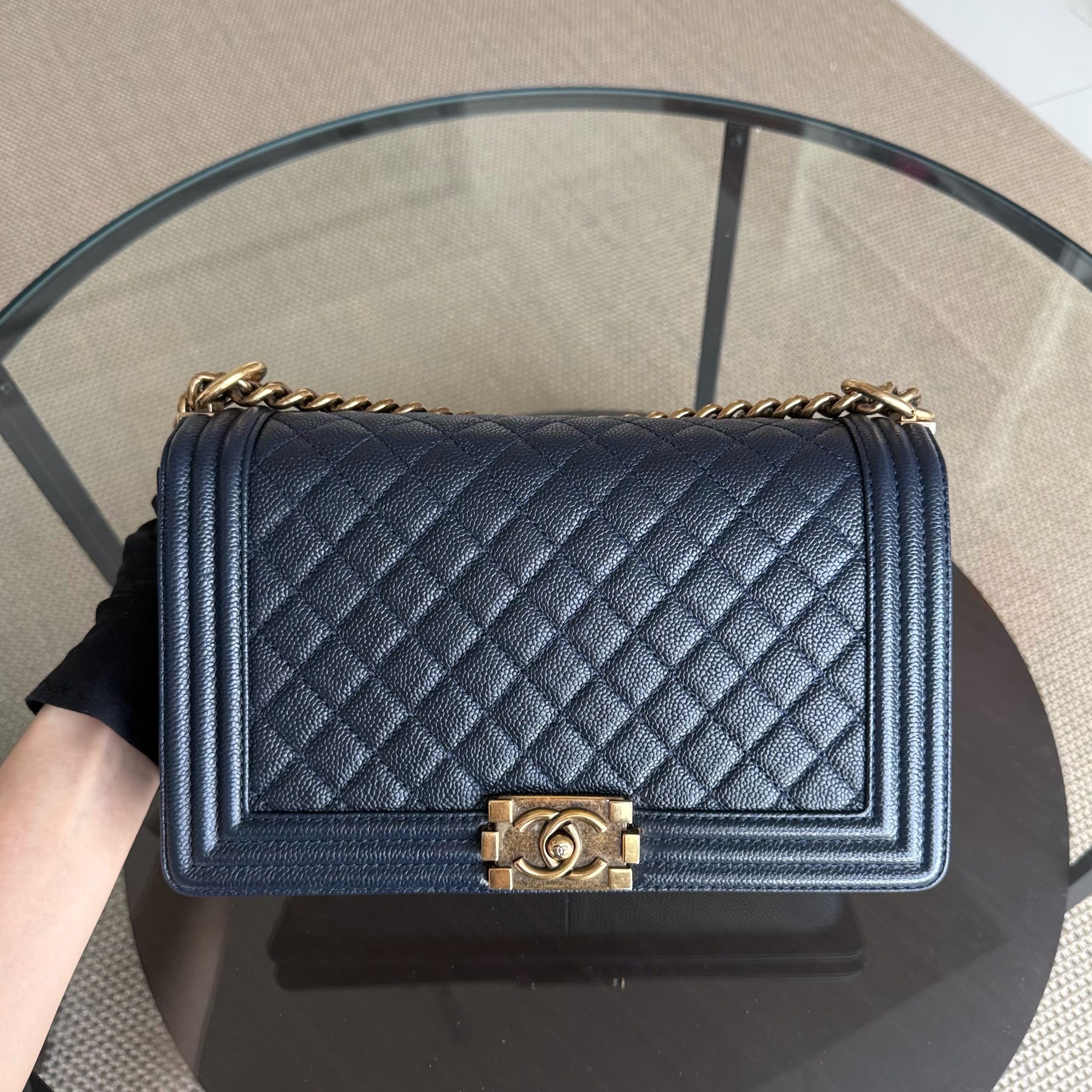 Chanel Boy New Medium - 28CM Caviar Quilted Grained Calfskin Dark Navy Blue Ruthenium Gold Hardware Series 19