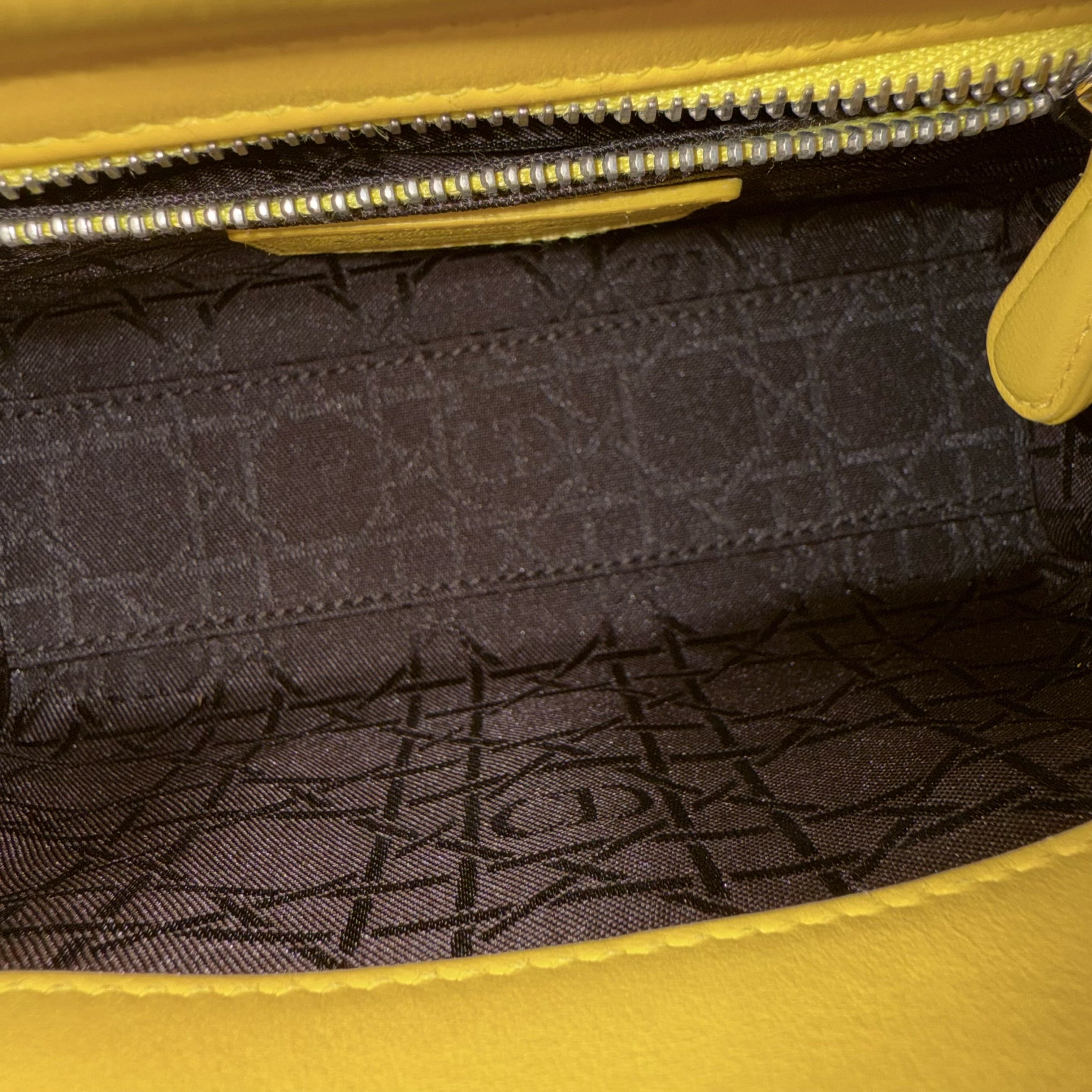 Dior Lady Mini Flap - Cannage Lambskin Yellow Silver Hardware Chain Strap Silver Hardware