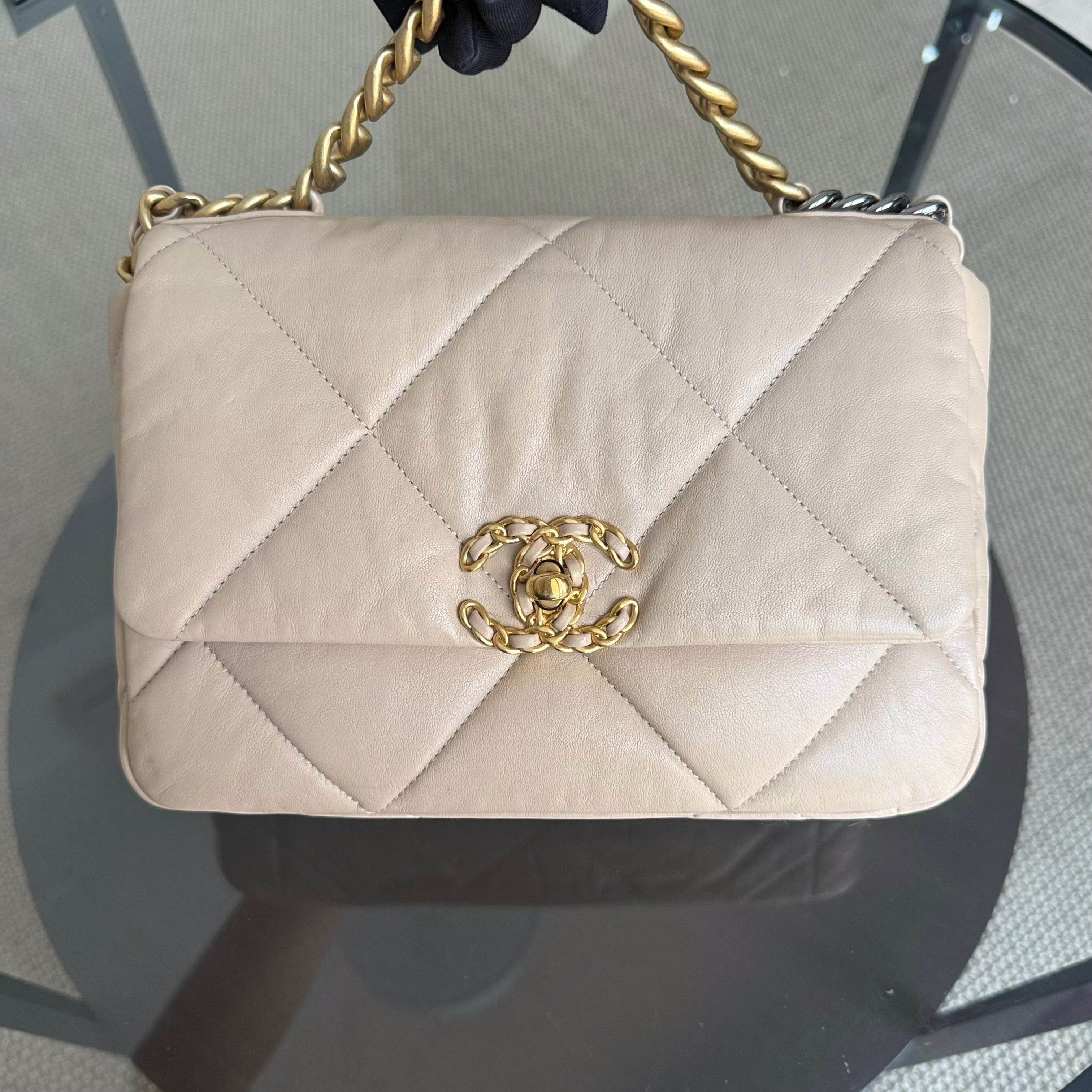 Chanel Small 19 Bag C19 Quilted Beige Two Tone Golden Hardware Series 30