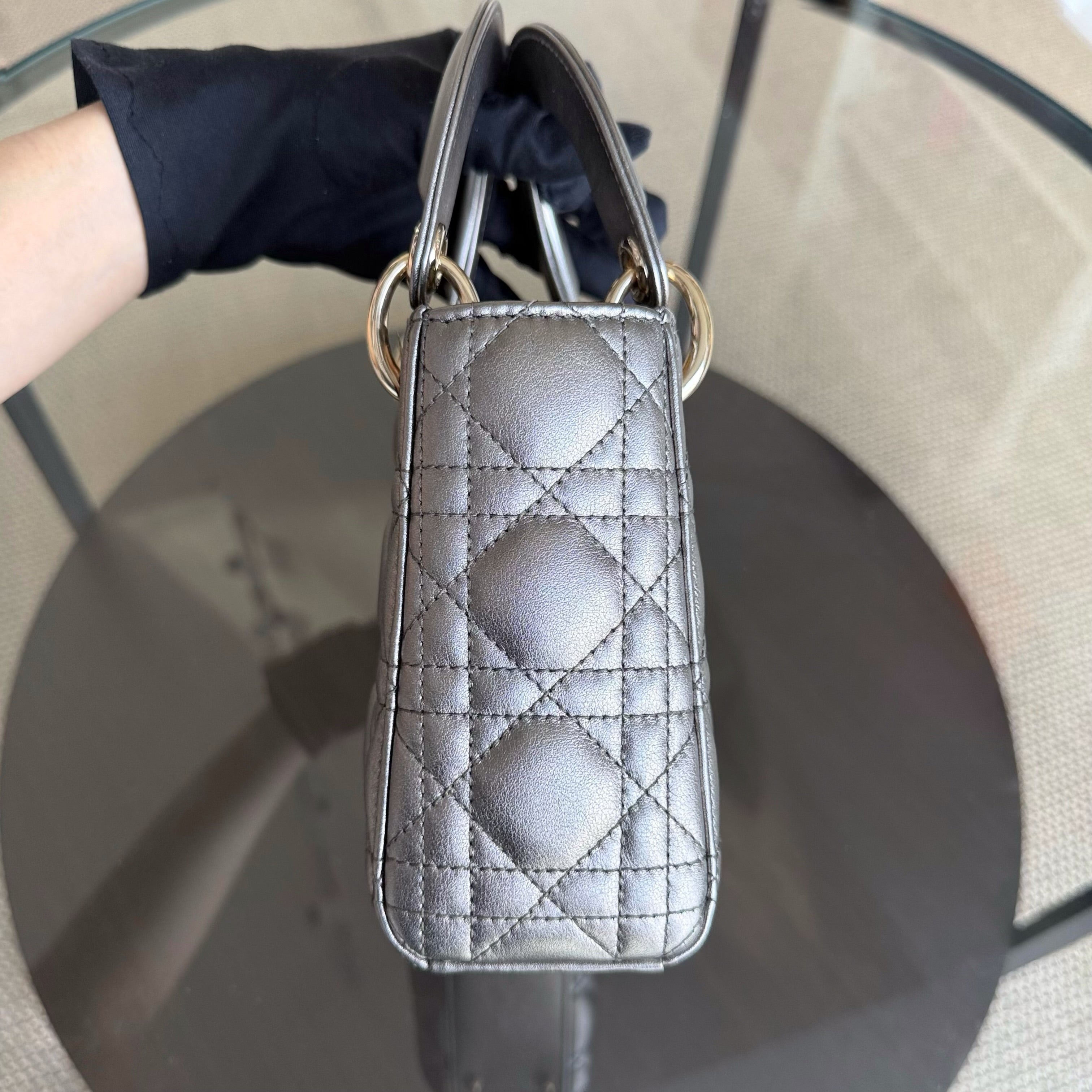 Dior Lady Mini - Cannage Calfskin Gunmetal Gold Hardware Chain Strap