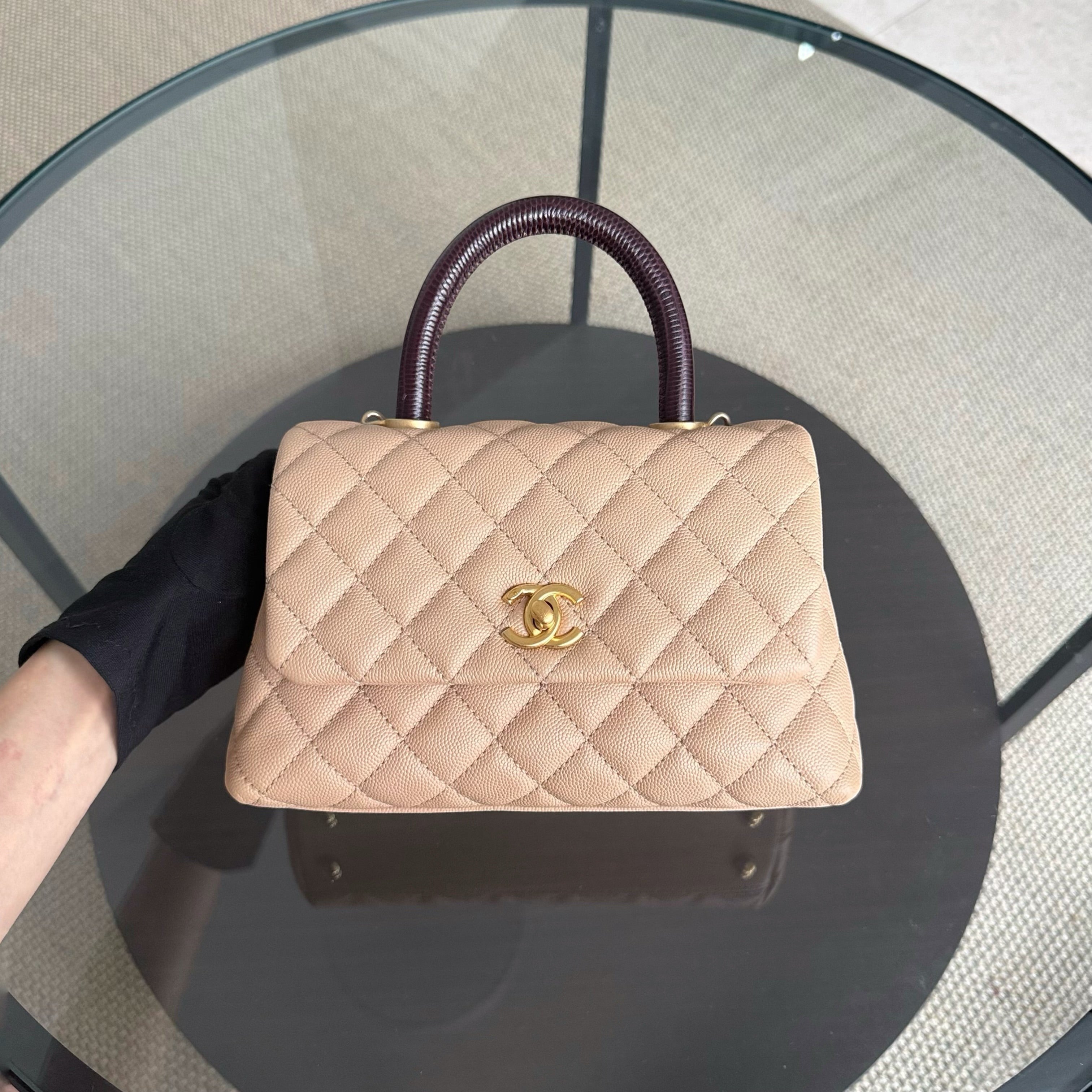 Chanel Coco Handle Small - Caviar Quilted Beige Lizard Handle Gold Hardware Series 24