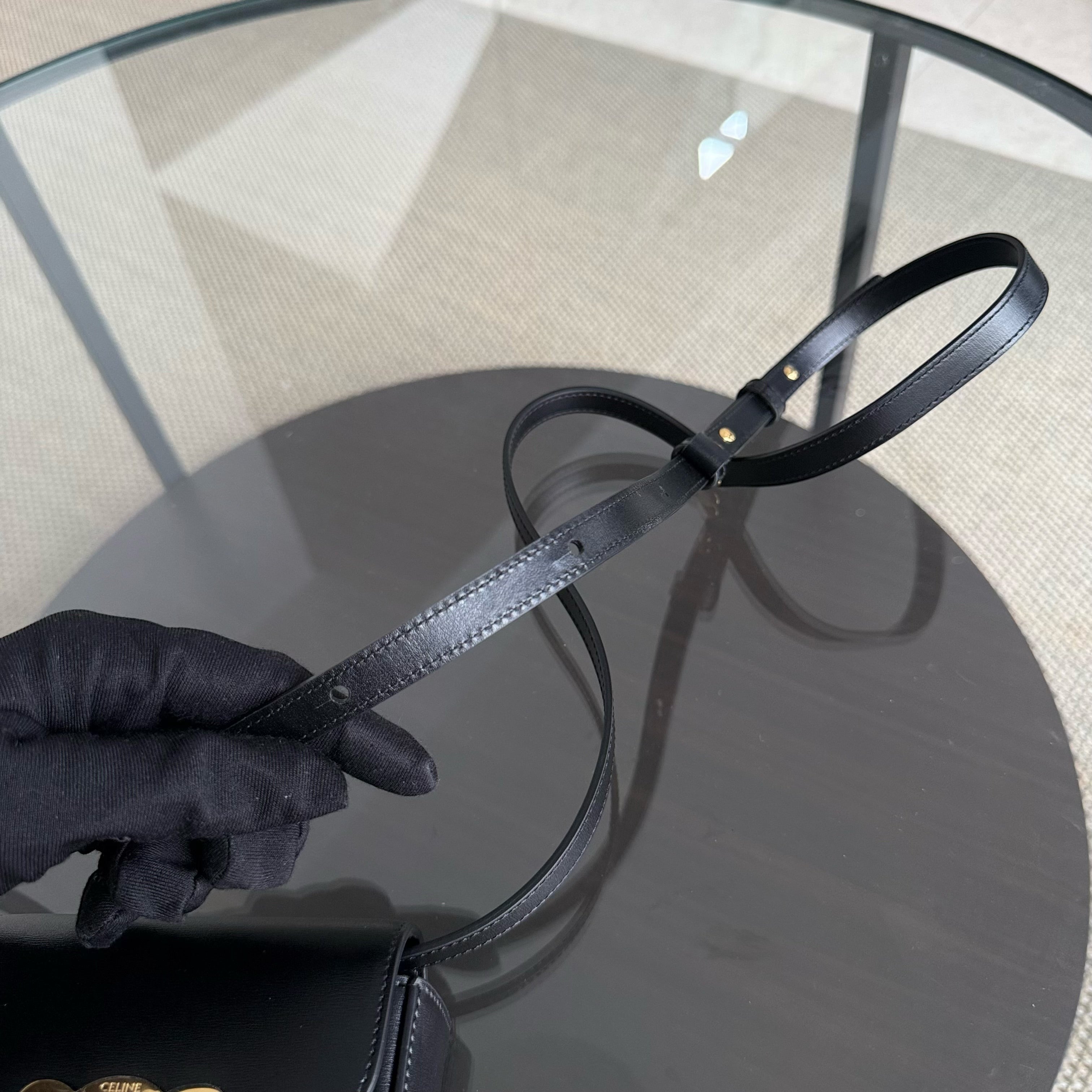 Celine Triomphe Mini Claude Flap Bag in Black Shiny Calfskin and GHW