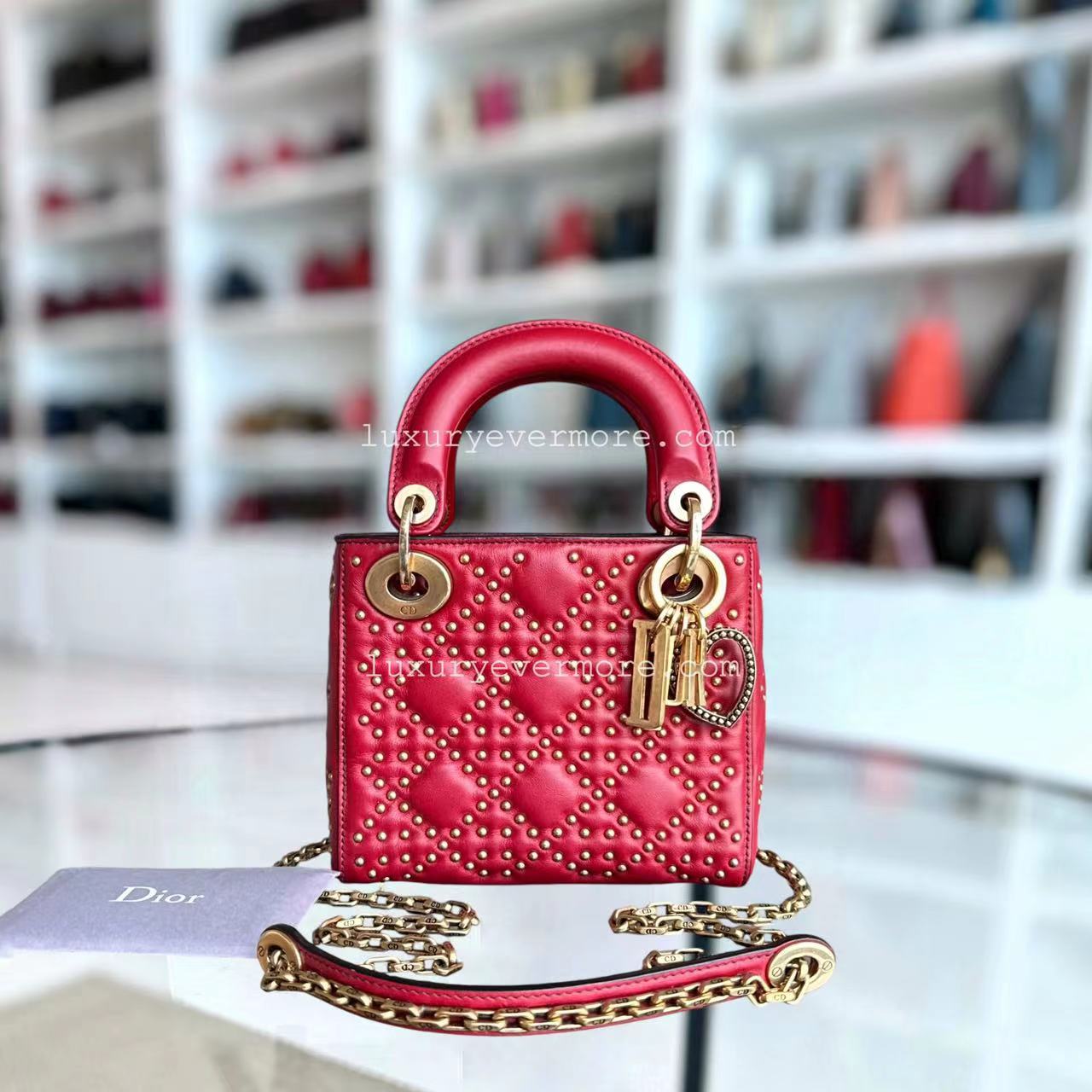 Dior Lady Mini - Valentine Studded Red Golden Hardware