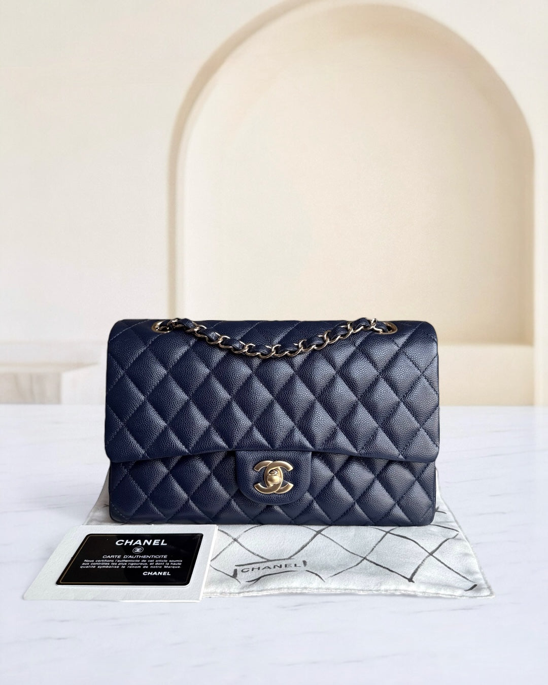 Chanel Classic Flap Medium - Caviar 25CM Quilted Grained Calfskin Dark Navy Blue Gold Hardware Series 31