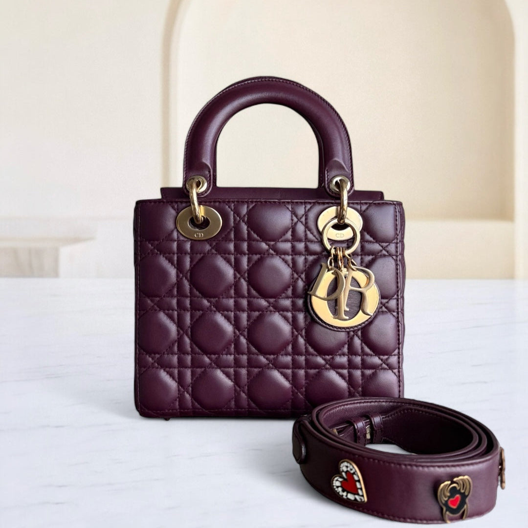 Dior Lady Small Flap - Cannage Lambskin Burgundy Dark Red Gold Hardware